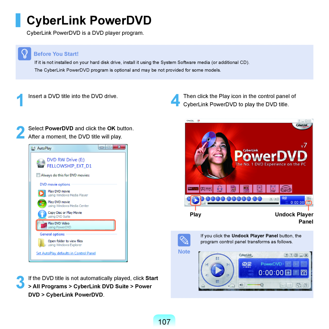 Samsung HTQ45, Q46 manual CyberLink PowerDVD, Before You Start, Undock Player, Panel 