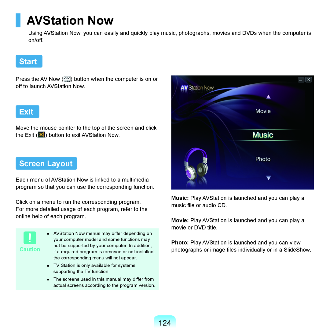 Samsung Q46, HTQ45 manual AVStation Now, Start, Exit, Screen Layout 