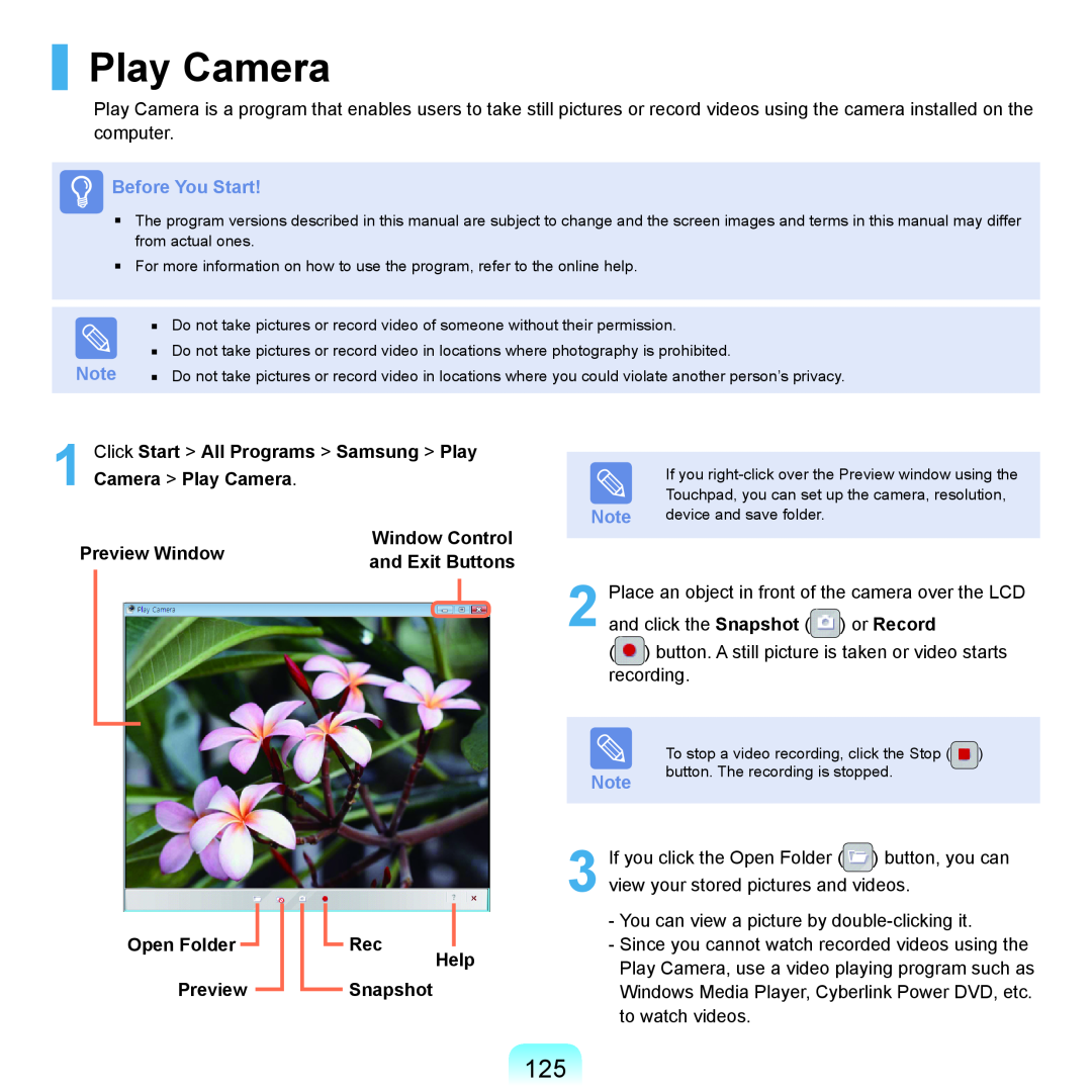 Samsung HTQ45 Play Camera, Before You Start, Preview Window, Window Control, and Exit Buttons, Open Folder, Help, Snapshot 