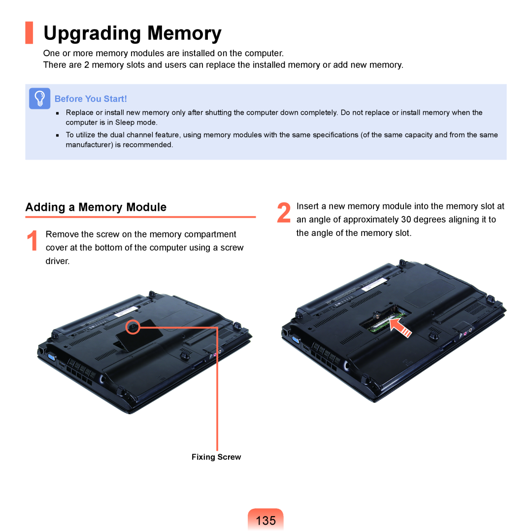 Samsung HTQ45, Q46 manual Upgrading Memory, Adding a Memory Module, Before You Start 