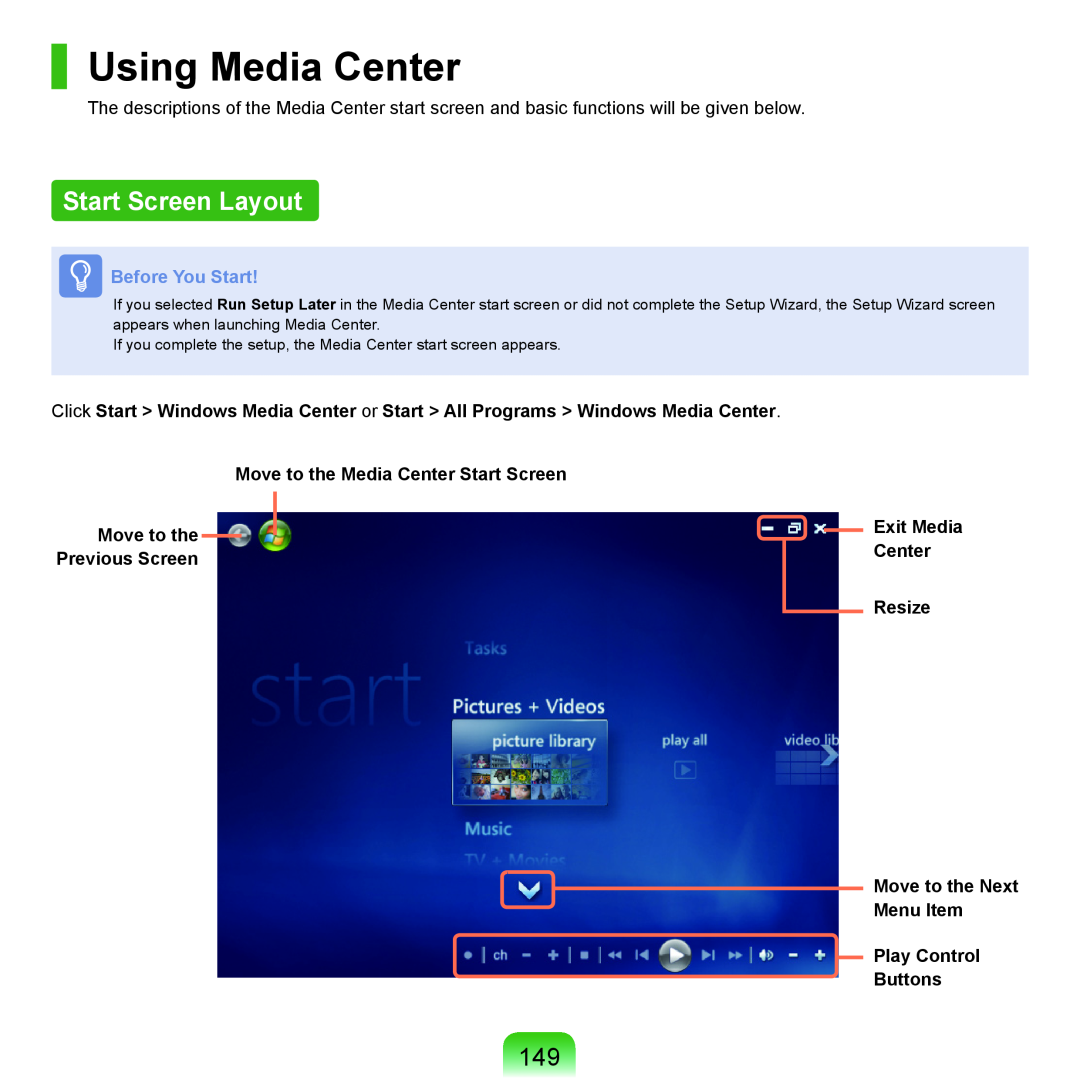 Samsung HTQ45, Q46 manual Using Media Center, Start Screen Layout, Before You Start 