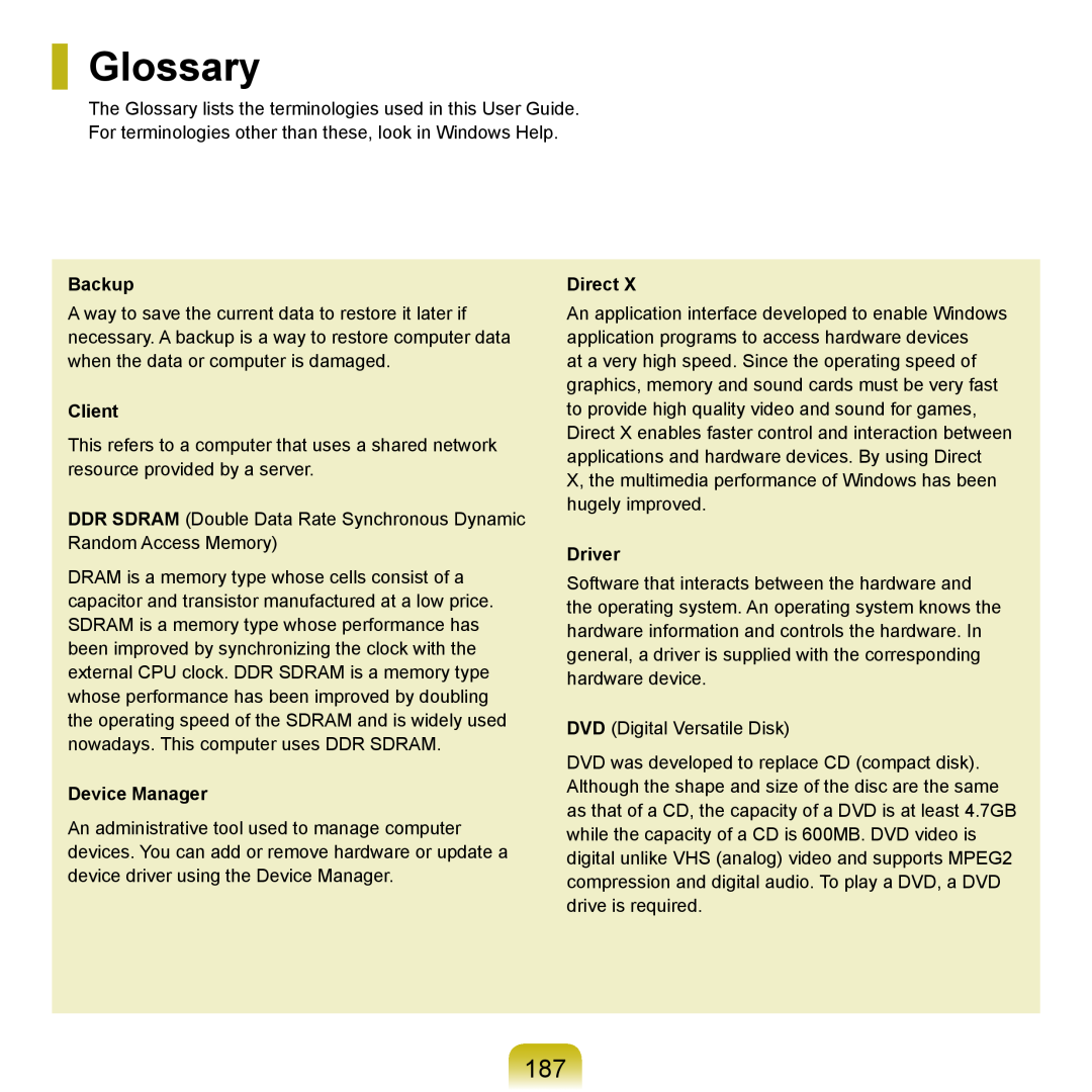 Samsung HTQ45, Q46 manual Glossary, Backup, Client, Device Manager, Direct, Driver 