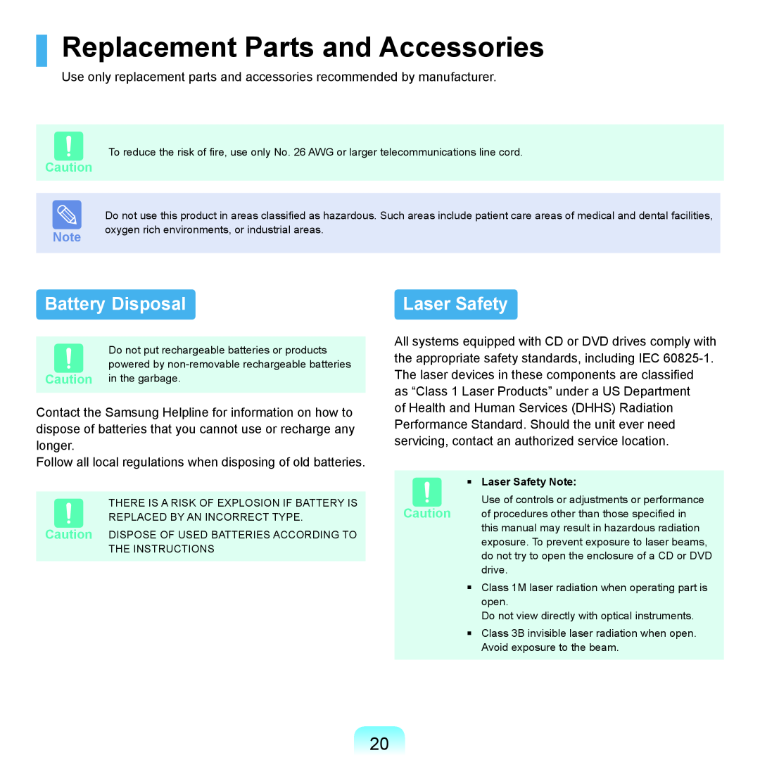 Samsung Q46, HTQ45 manual Replacement Parts and Accessories, Battery Disposal, Laser Safety 