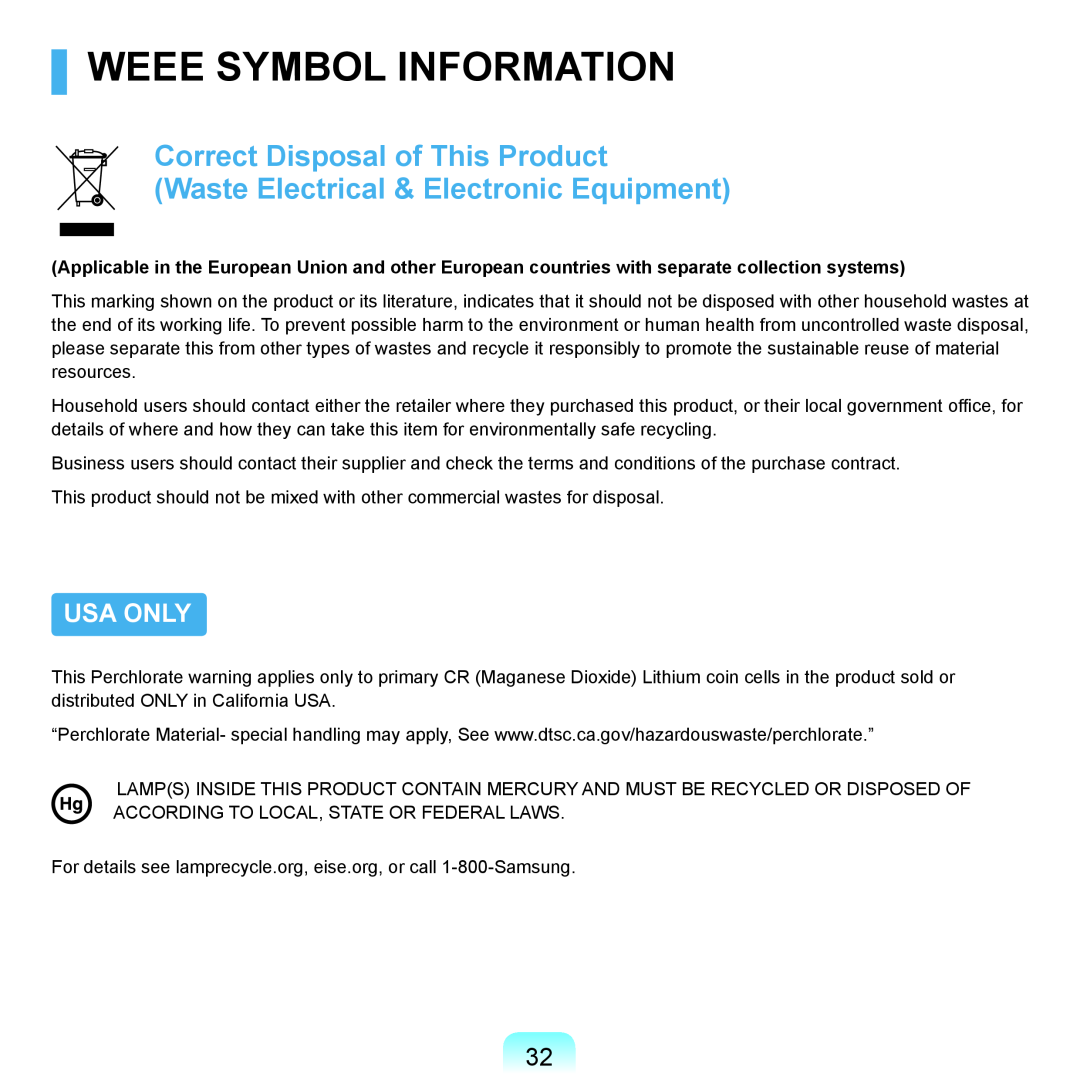 Samsung Q46 Weee Symbol Information, Usa Only, Correct Disposal of This Product, Waste Electrical & Electronic Equipment 