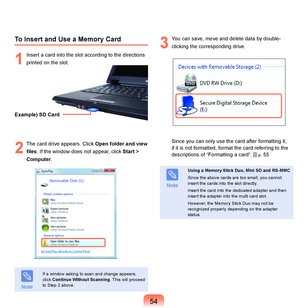 Samsung Q46, HTQ45 manual To Insert and Use a Memory Card, Example SD Card 