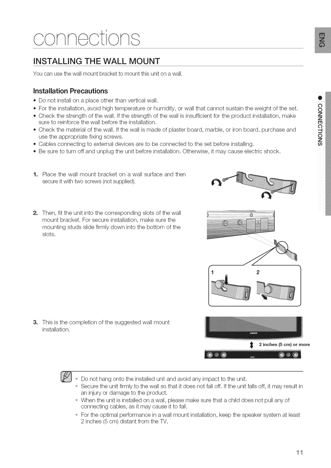 Samsung HW-C450 manual Connect, Installing the Wall Mount 