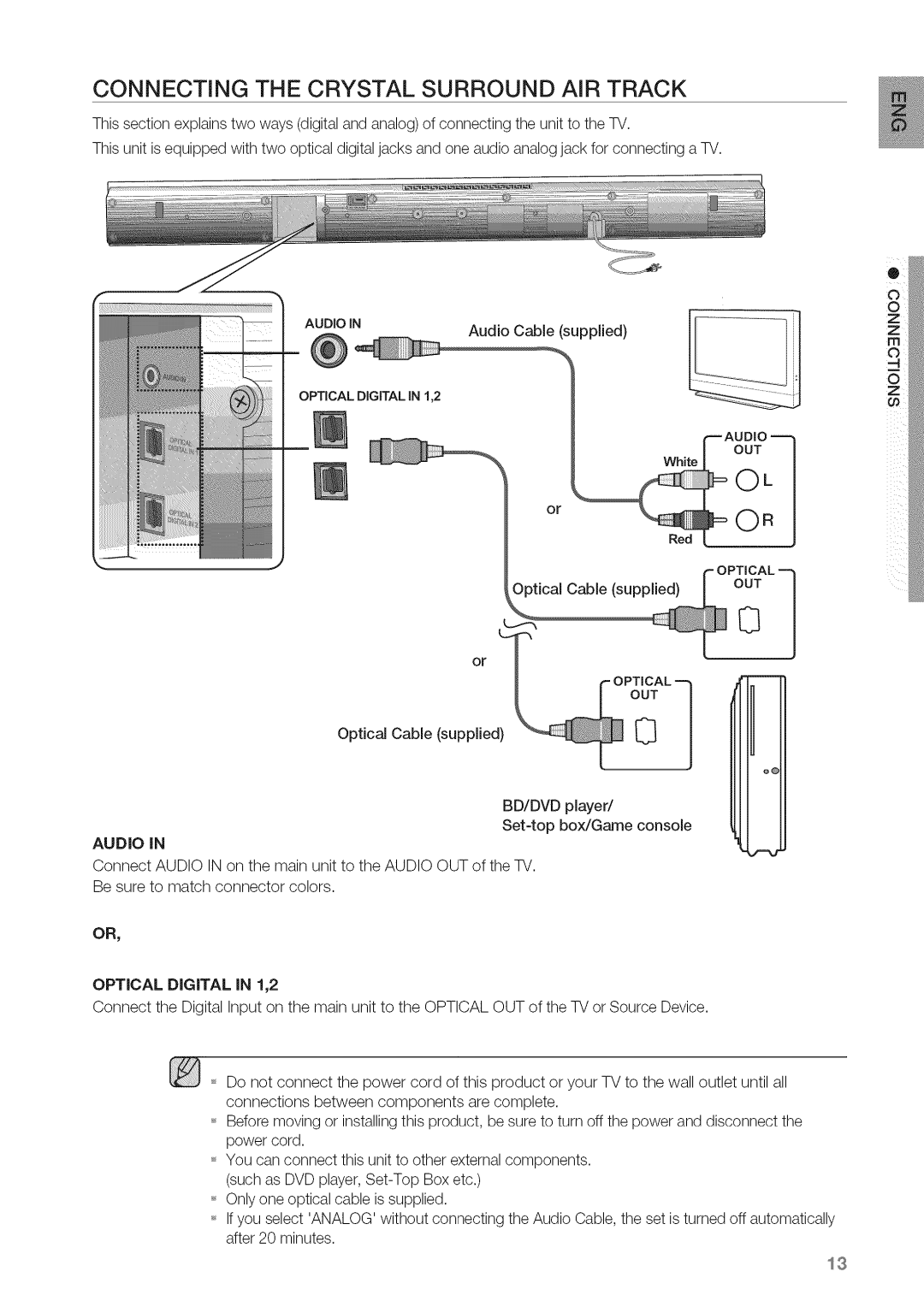 Samsung HW-C450 manual Connecting the Crystal Surround AiR Track, Optical Digital in 1,2 OUT 