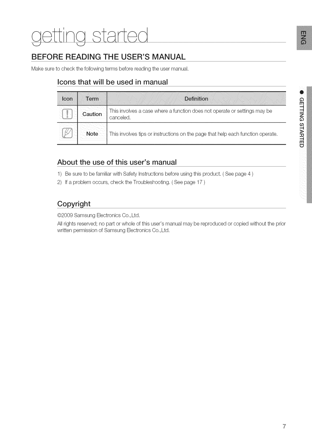 Samsung HW-C450 Aett na tarLecJ, Icons that will be used in manual, Copyright 