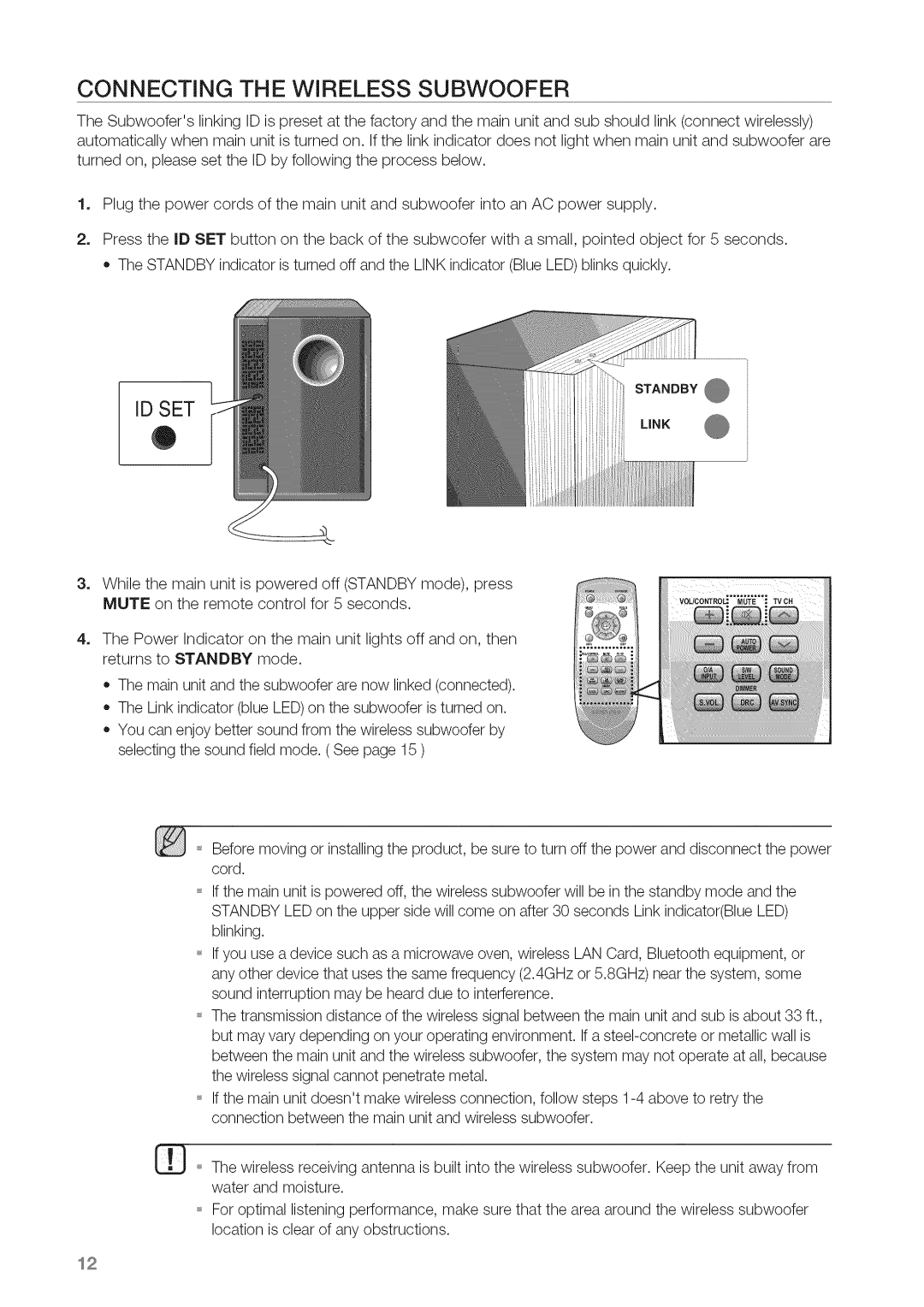 Samsung HW-C450 manual Connecting The Wireless Subwoofer, Standby @ Link 
