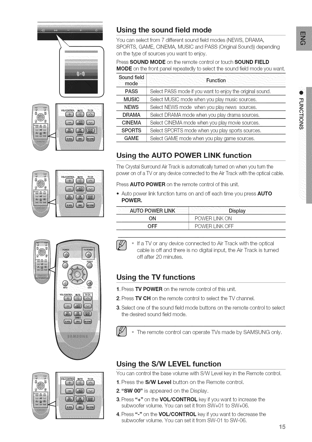 Samsung HW-C450 manual Using the sound field mode, Using the AUTO POWER LINK function, Using the rv functions, Power= 