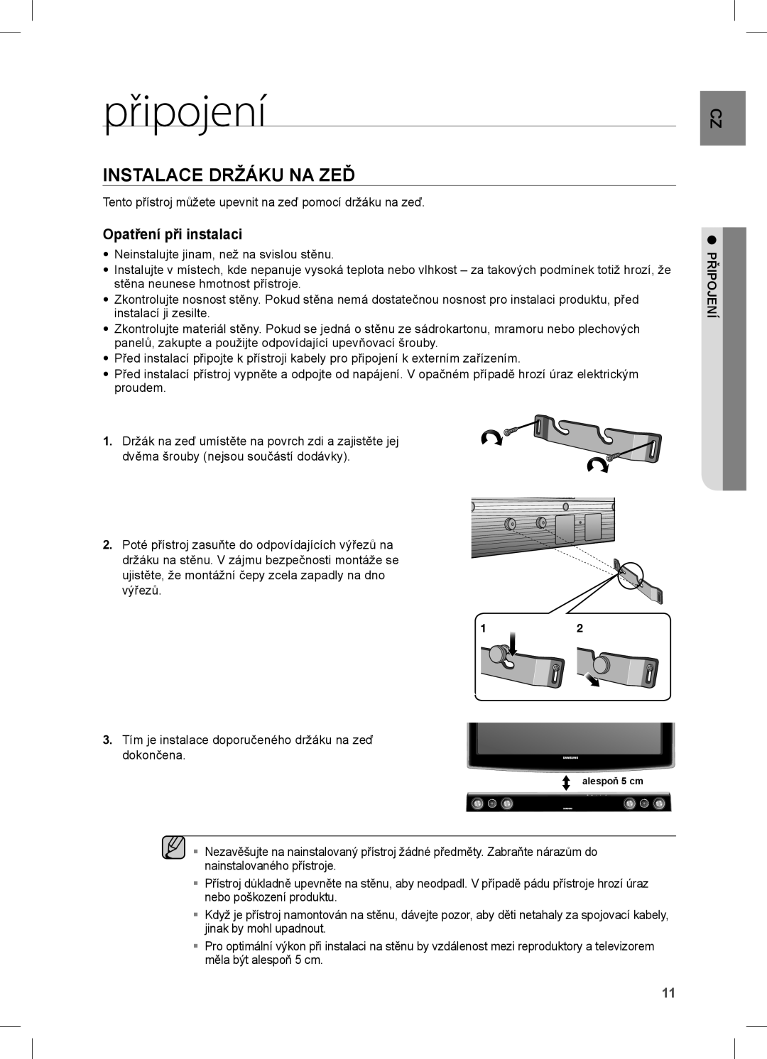 Samsung HW-C450/XEE, HW-C450/EDC manual Připojení, Instalace Držáku NA ZEĎ, Ipojeníř 