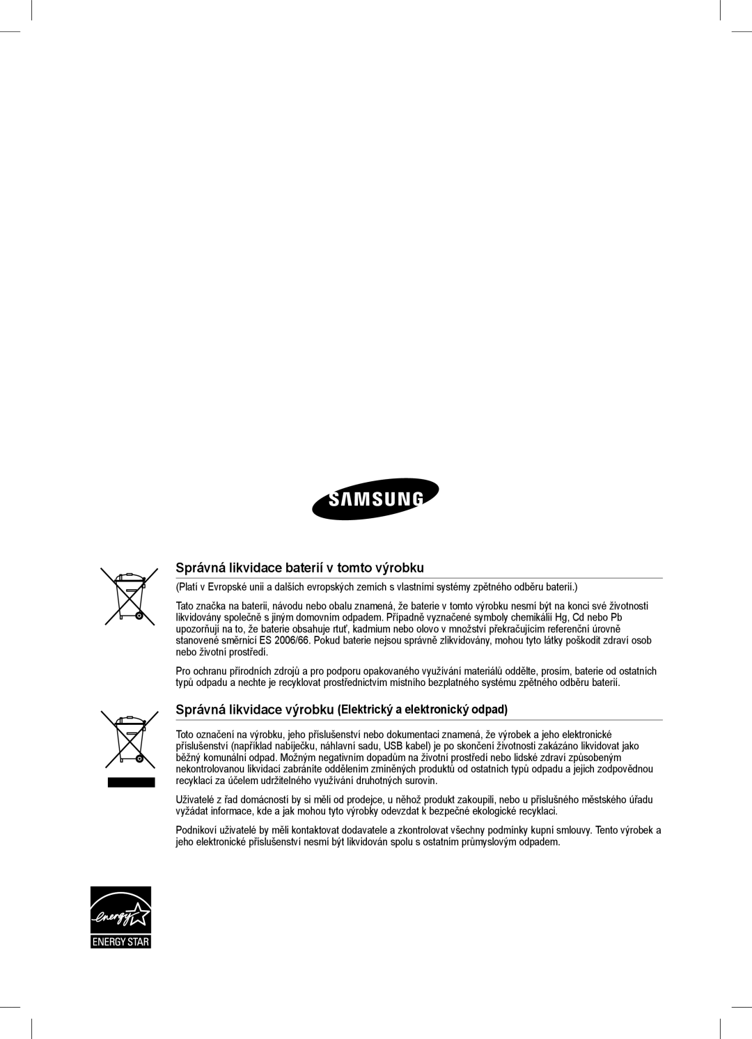 Samsung HW-C450/EDC Správná likvidace baterií v tomto výrobku, Správná likvidace výrobku Elektrický a elektronický odpad 