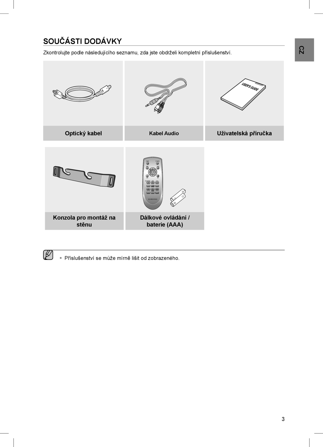 Samsung HW-C450/XEE manual Součásti Dodávky, Optický kabel, Uživatelská příručka Konzola pro montáž na Stěnu, Kabel Audio 