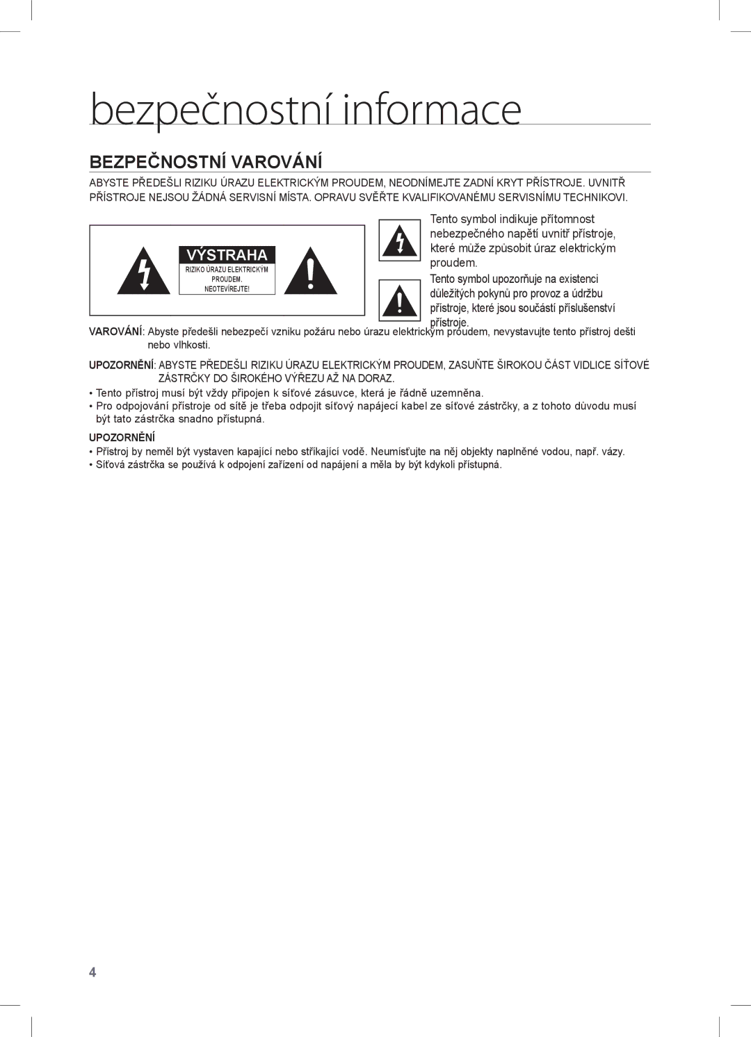 Samsung HW-C450/EDC, HW-C450/XEE manual Bezpečnostní informace, Bezpečnostní Varování 