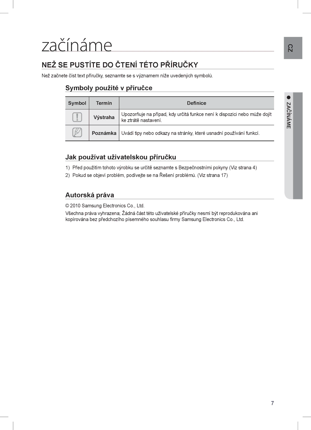 Samsung HW-C450/XEE manual Začínáme, NEŽ SE Pustíte do Čtení Této Příručky, Symboly použité v příručce, Autorská práva 