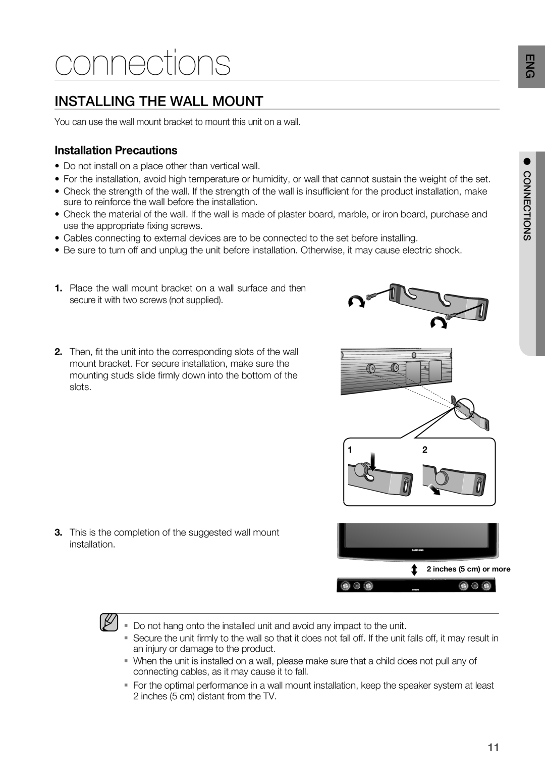 Samsung HW-C450/XEE, HW-C450/EDC, HW-C450/XEF, HW-C450/XAA manual Connections, INSTAllING the WAll Mount 