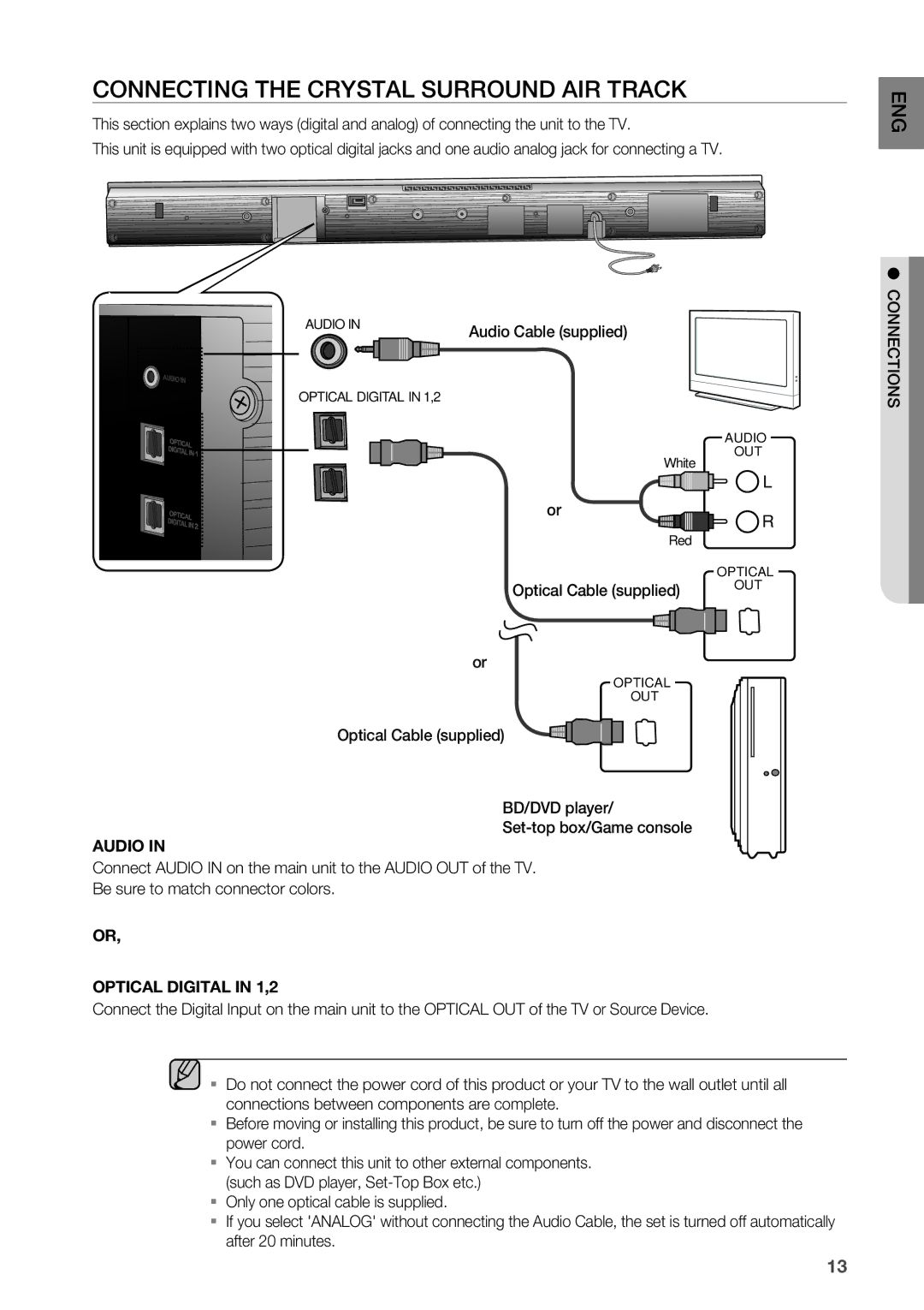 Samsung HW-C450/XEF, HW-C450/EDC manual Connecting the Crystal Surround AIR Track, Optical Cable supplied, Connections 