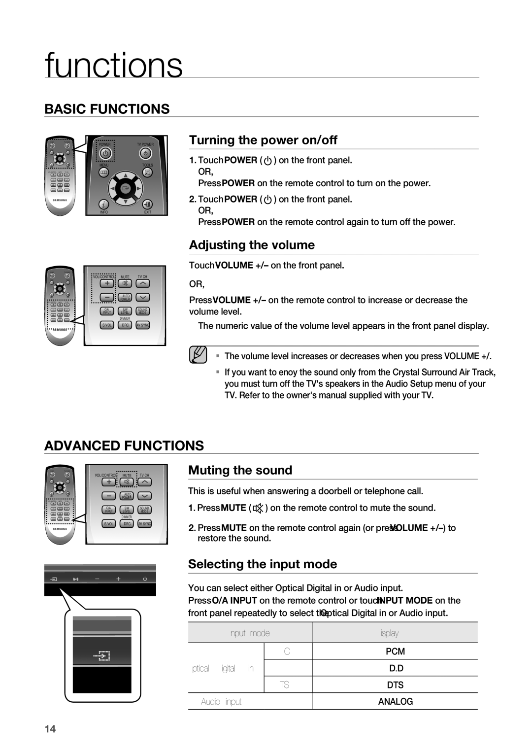 Samsung HW-C450/XAA Functions, Turning the power on/off, Adjusting the volume, Muting the sound, Selecting the input mode 