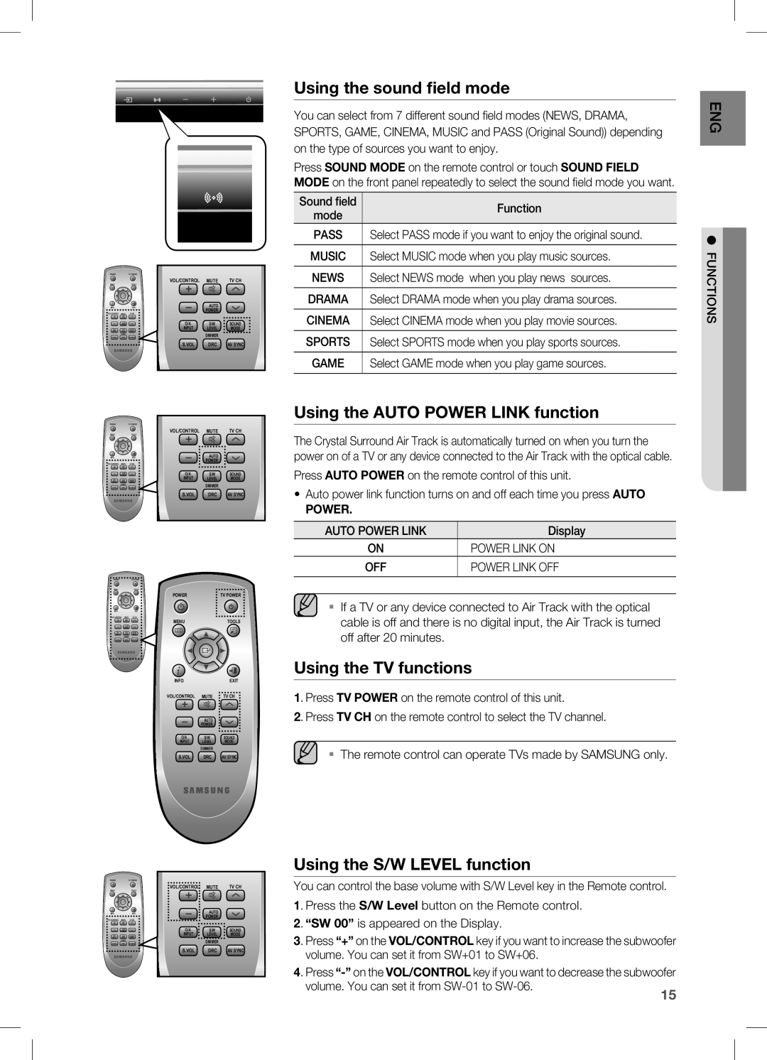 Samsung HW-C450/XEE, HW-C450/EDC Using the sound field mode, Using the Auto Power Link function, Using the TV functions 