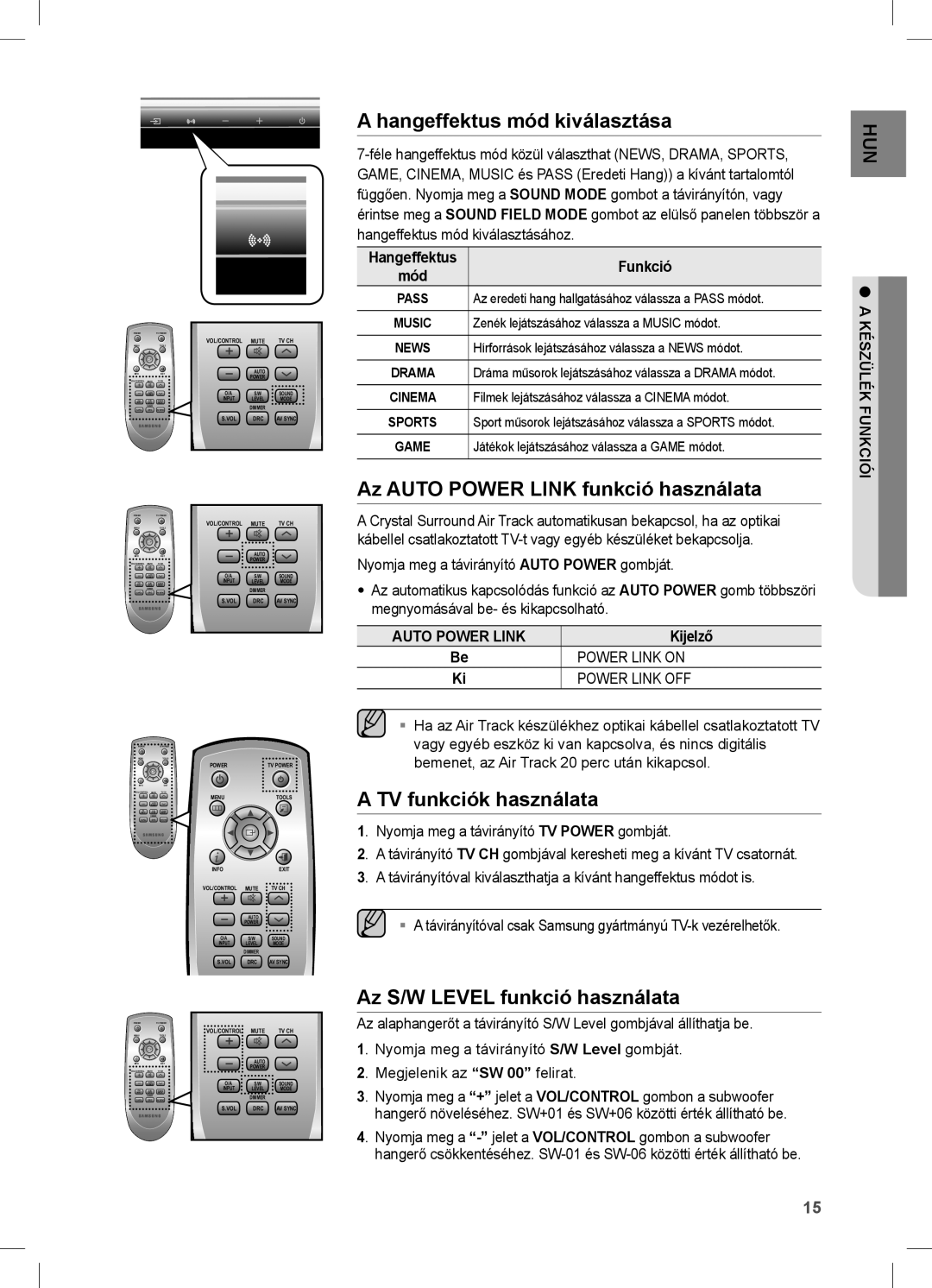 Samsung HW-C450/XEE manual Hangeffektus mód kiválasztása, Az Auto Power Link funkció használata, TV funkciók használata 