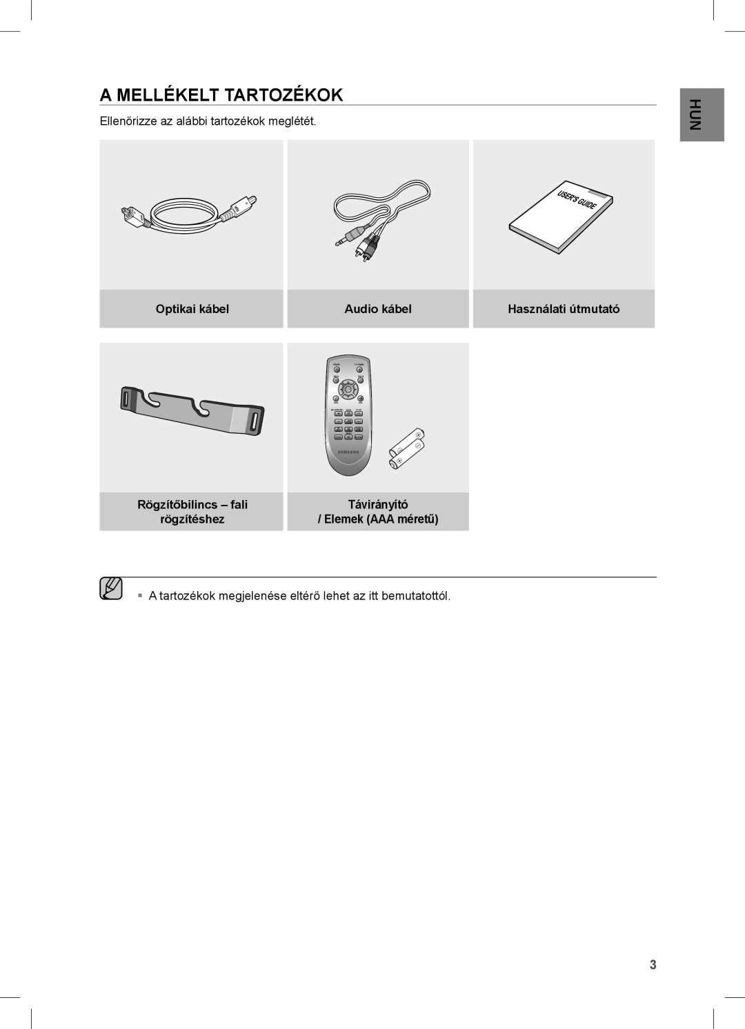 Samsung HW-C450/XEE, HW-C450/EDC manual Mellékelt Tartozékok, Optikai kábel Rögzítőbilincs fali Rögzítéshez Audio kábel 