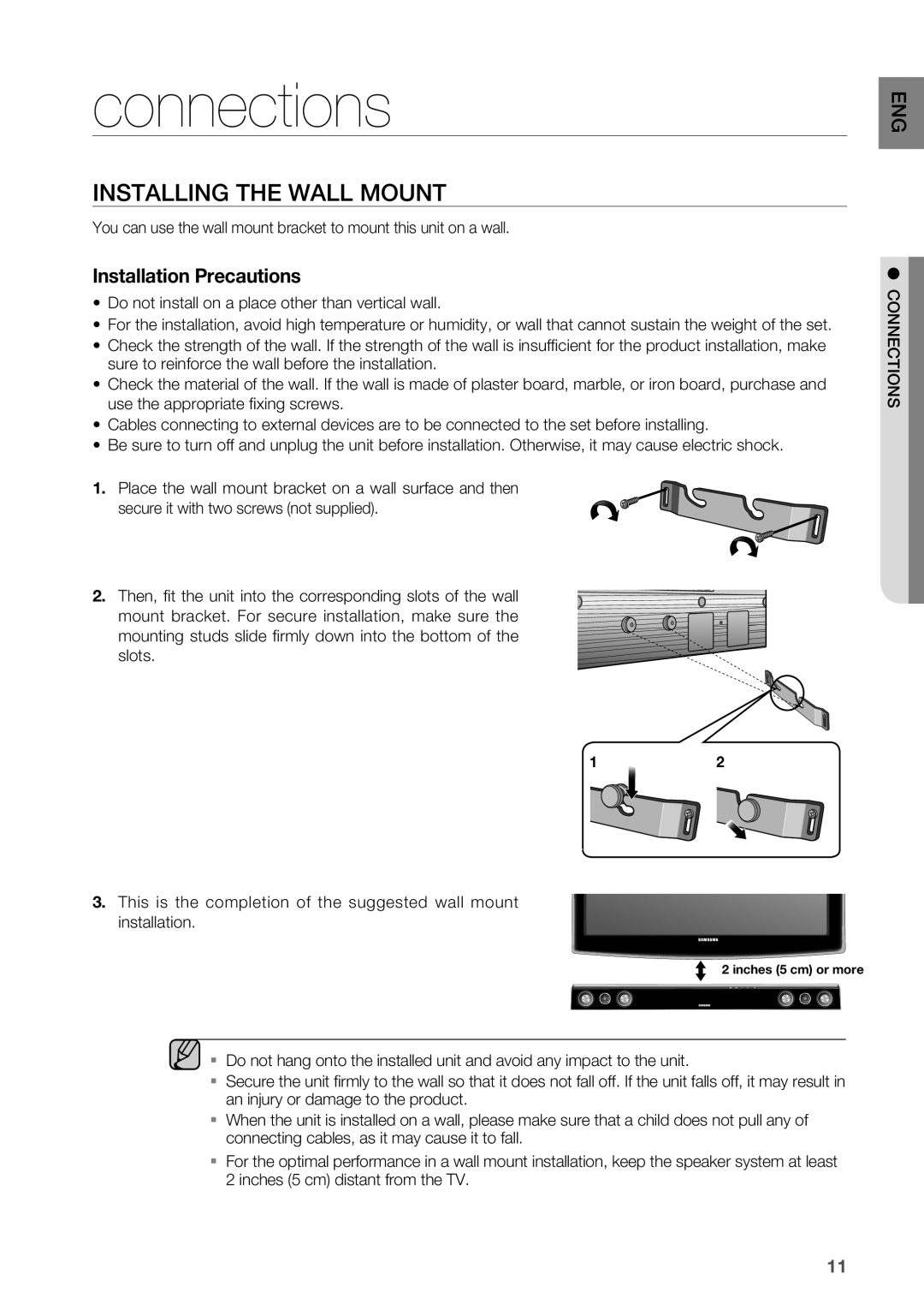 Samsung HW-C450/XEN, HW-C450/EDC, HW-C450/XEF, HW-C450/XAA, HW-C450/XEE manual Connections, INSTAllING the WAll Mount 