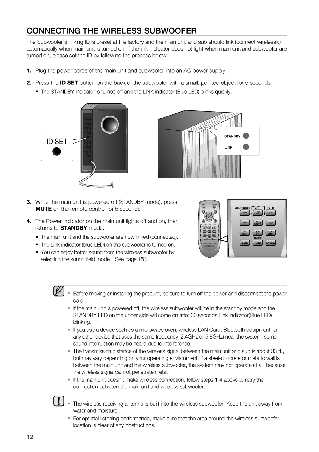 Samsung HW-C450/XEF, HW-C450/EDC, HW-C450/XEN, HW-C450/XAA, HW-C450/XEE manual Connecting the WIrElESS SUBWOOFEr, Standby Link 