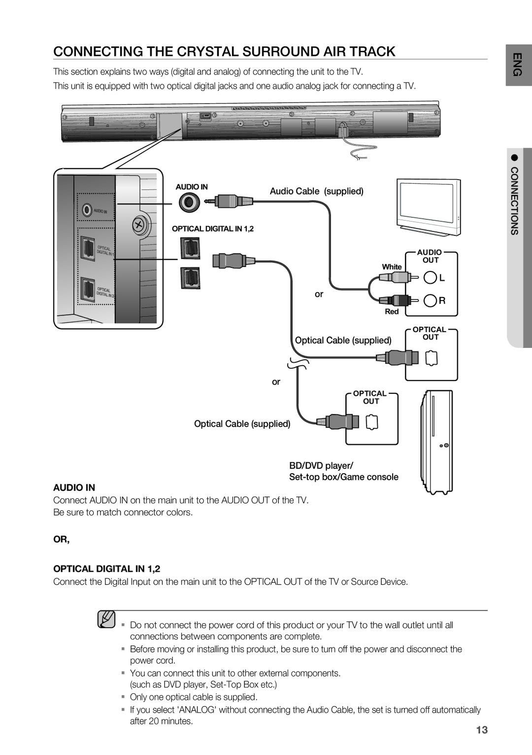 Samsung HW-C450/XAA, HW-C450/EDC, HW-C450/XEN, HW-C450/XEF Connecting the Crystal Surround AIR Track, Optical Cable supplied 