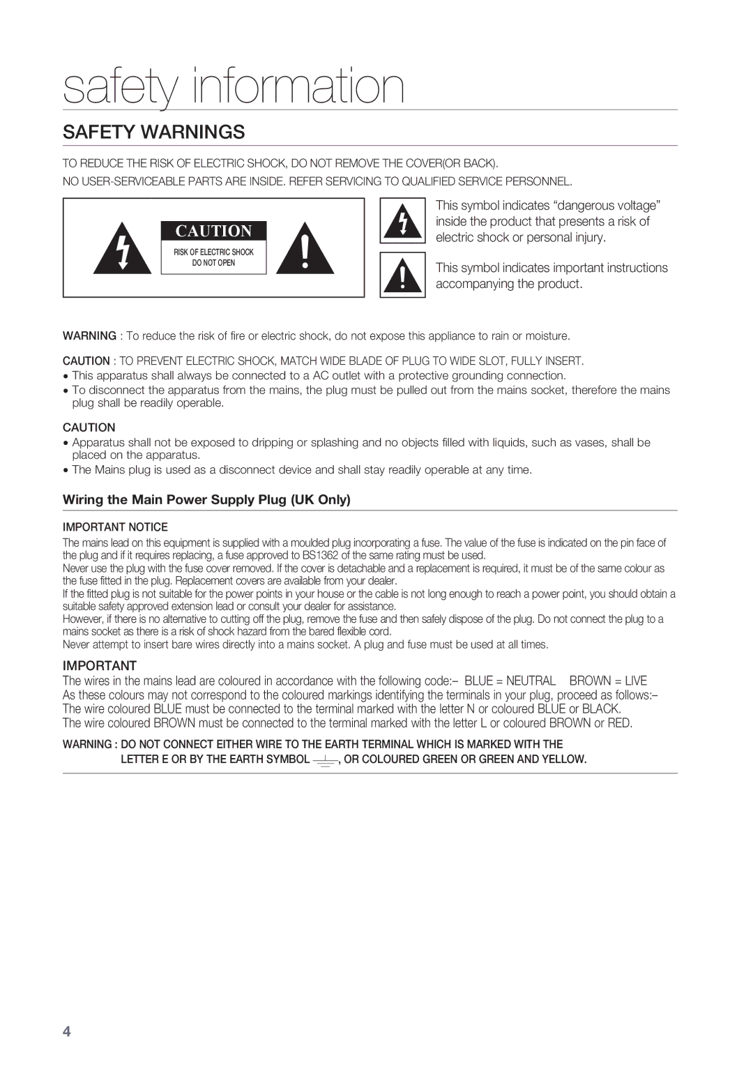 Samsung HW-C450/XEE, HW-C450/EDC, HW-C450/XEN, HW-C450/XEF, HW-C450/XAA manual Safety information, Safety Warnings 