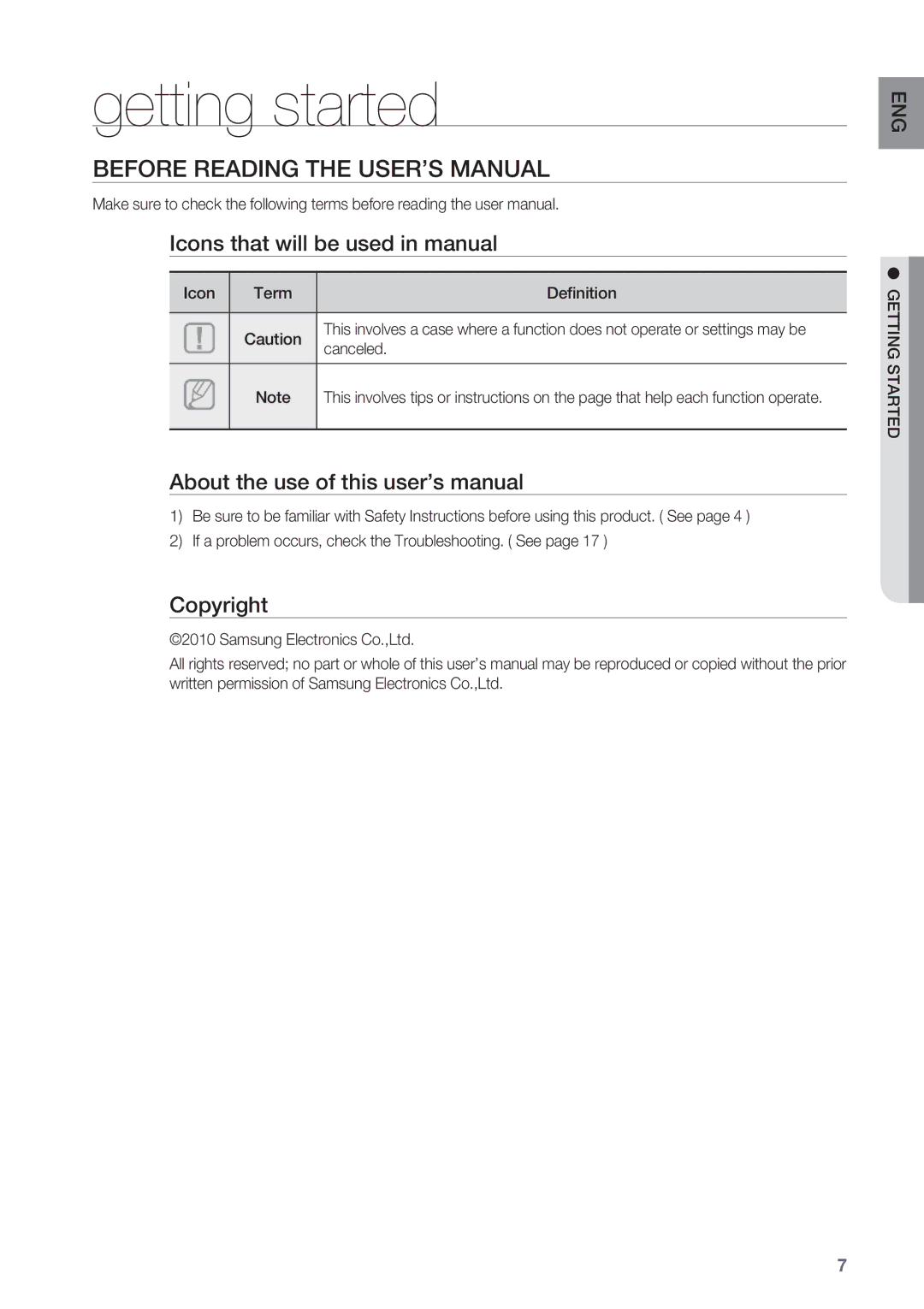 Samsung HW-C450/XEF, HW-C450/EDC manual Getting started, Before Reading the User’s Manual, Icon Term Definition, Canceled 