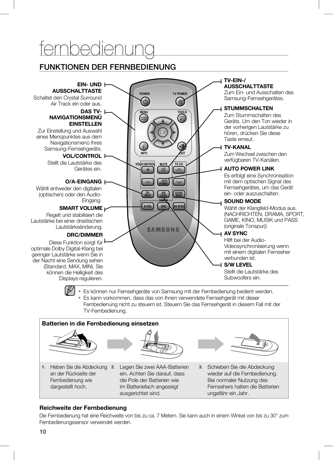 Samsung HW-C450/XEN, HW-C450/EDC, HW-C450/XEF manual Funktionen DER Fernbedienung 