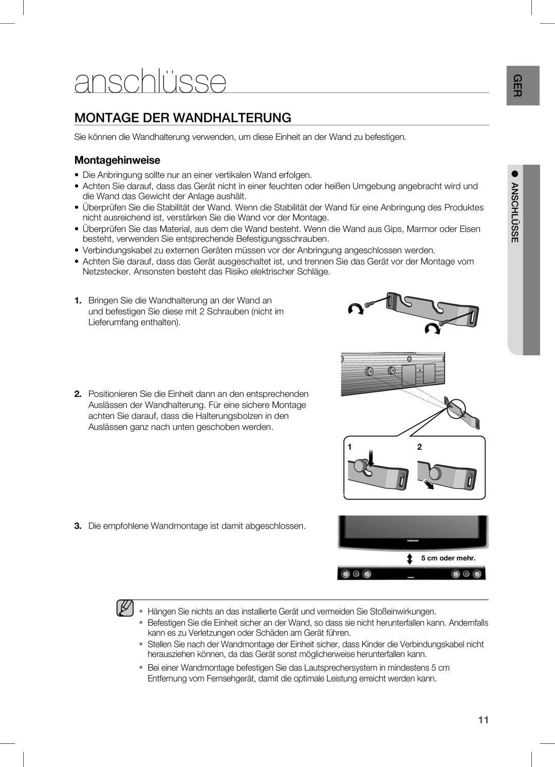 Samsung HW-C450/XEF Anschlüsse, Montage DER Wandhalterung, Die empfohlene Wandmontage ist damit abgeschlossen, Chlüsseans 