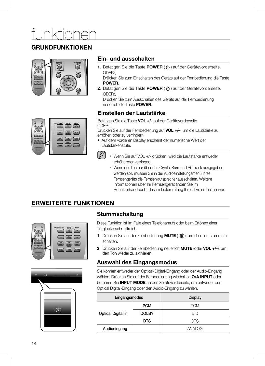 Samsung HW-C450/XEF Funktionen, Ein- und ausschalten, Einstellen der Lautstärke, Stummschaltung, Auswahl des Eingangsmodus 