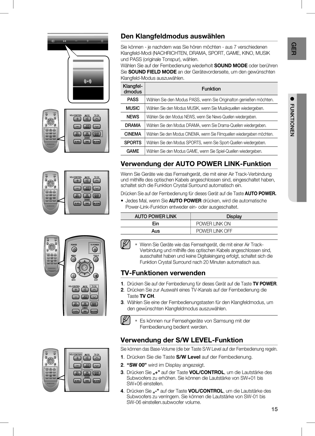 Samsung HW-C450/EDC manual Den Klangfeldmodus auswählen, Verwendung der Auto Power LINK-Funktion, TV-Funktionen verwenden 