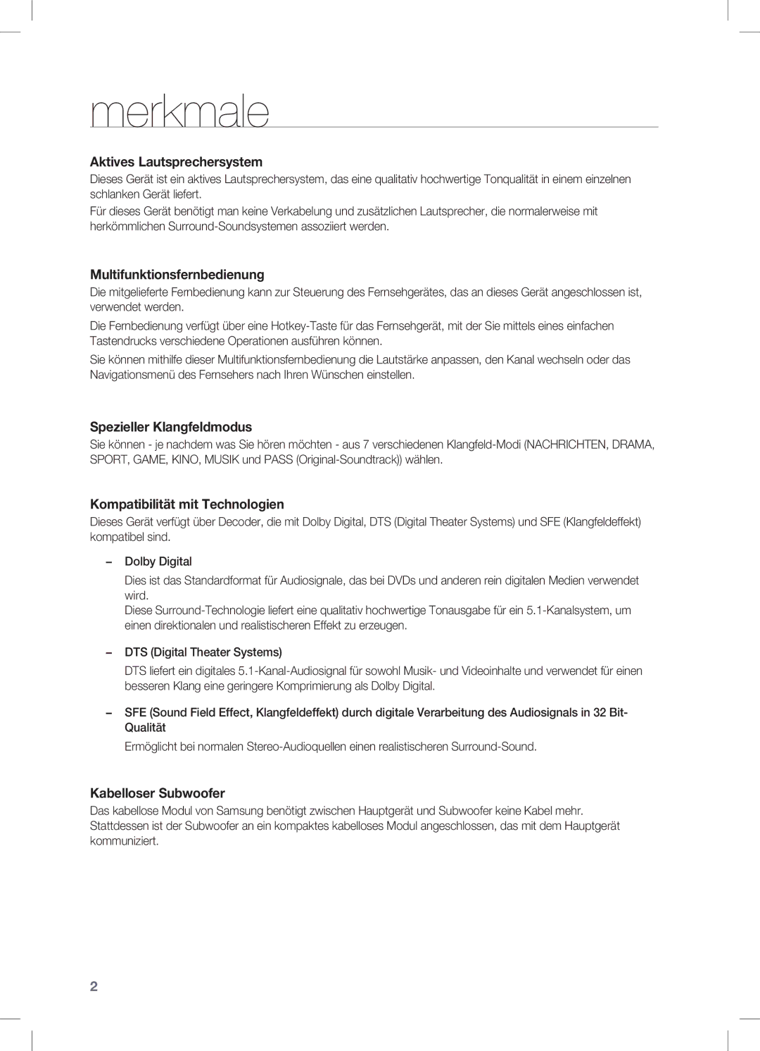 Samsung HW-C450/XEF, HW-C450/EDC, HW-C450/XEN manual Merkmale, Aktives Lautsprechersystem 