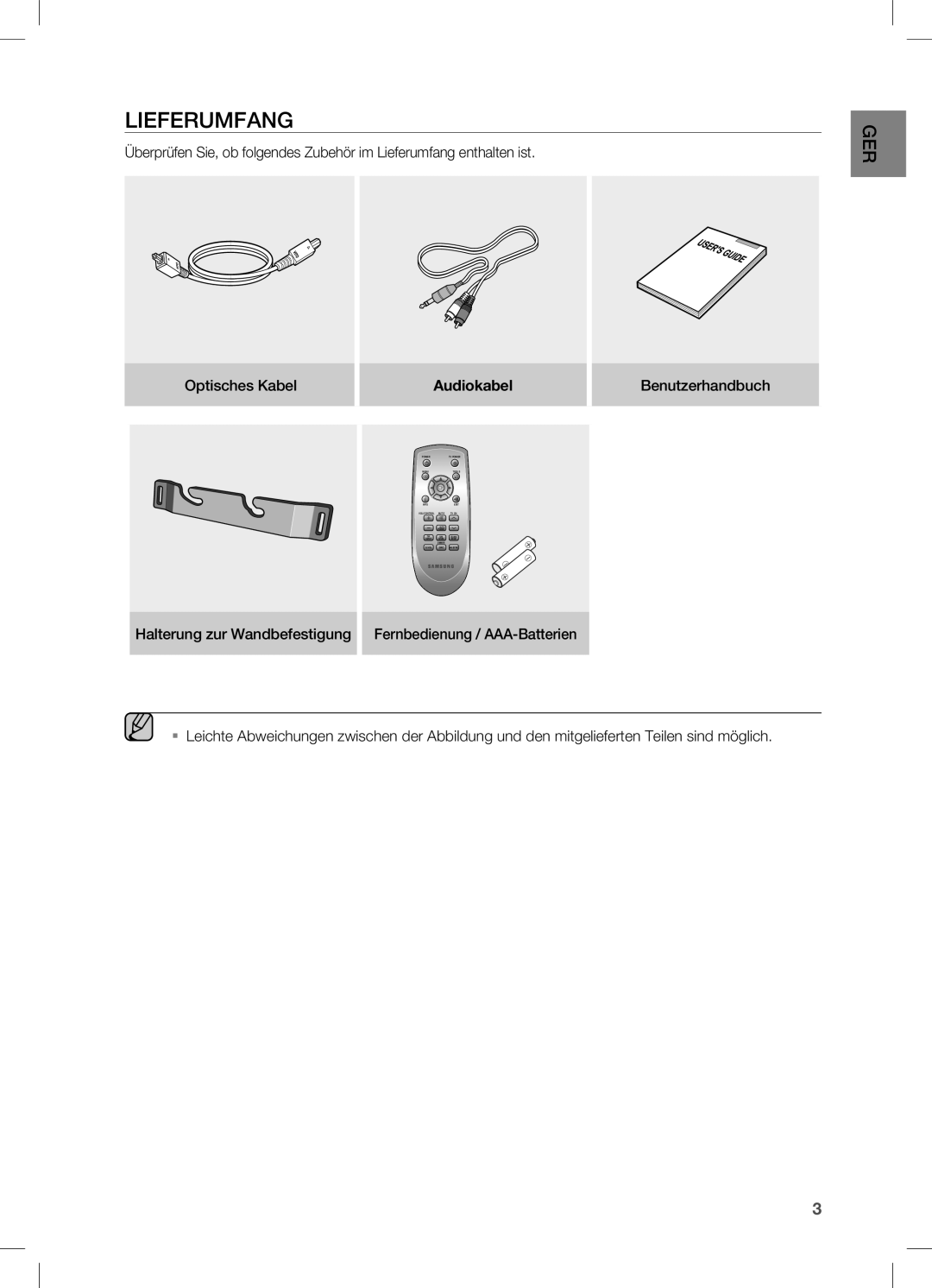 Samsung HW-C450/EDC, HW-C450/XEN, HW-C450/XEF Lieferumfang, Optisches Kabel, Benutzerhandbuch Halterung zur Wandbefestigung 