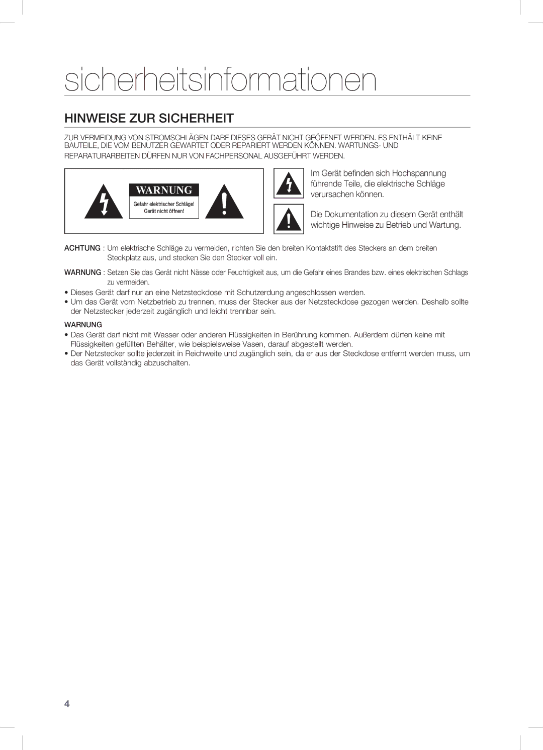 Samsung HW-C450/XEN, HW-C450/EDC, HW-C450/XEF manual Sicherheitsinformationen, Hinweise zur Sicherheit 