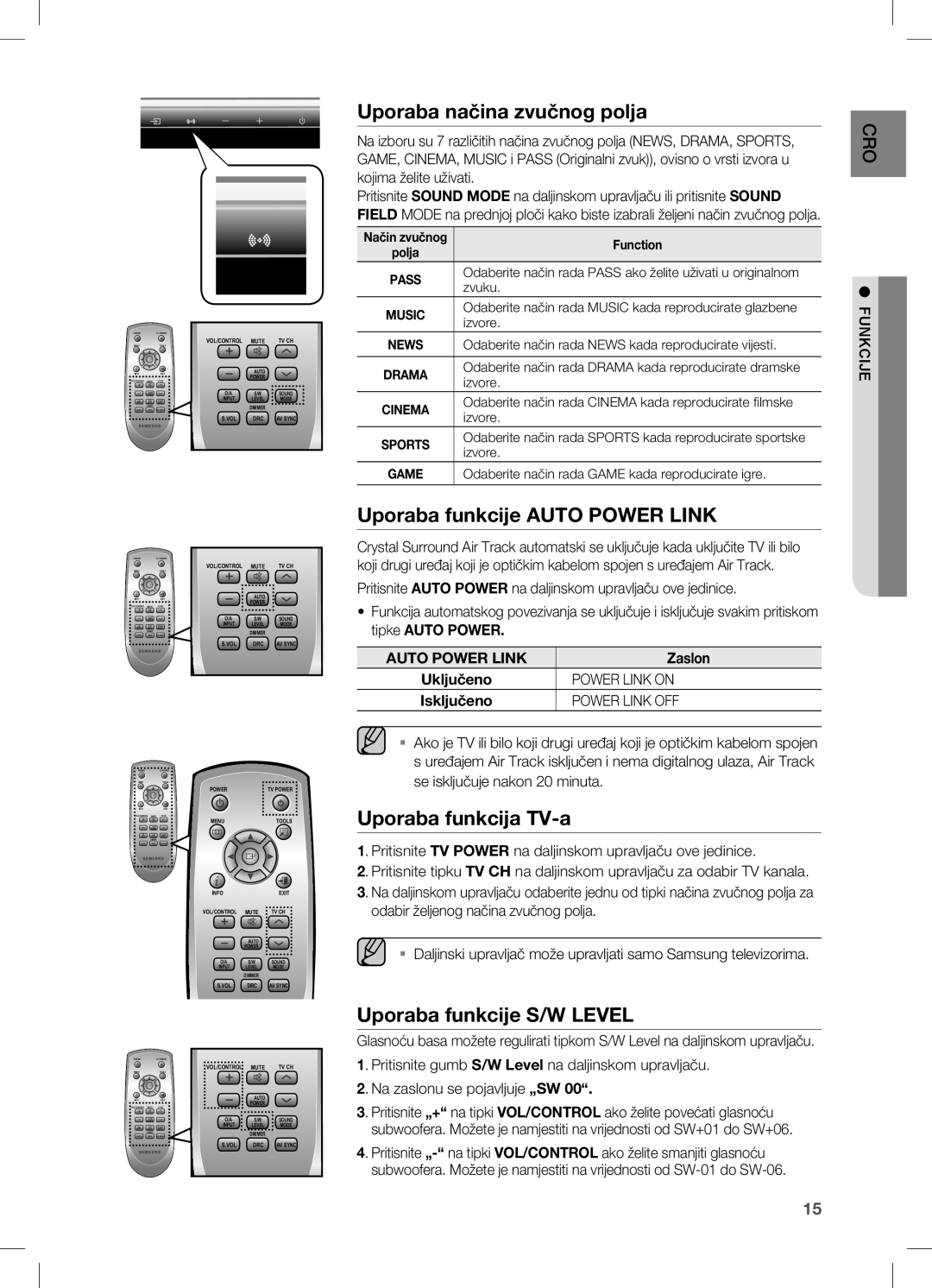 Samsung HW-C450/EDC manual Uporaba načina zvučnog polja, Uporaba funkcije Auto Power Link, Uporaba funkcija TV-a 