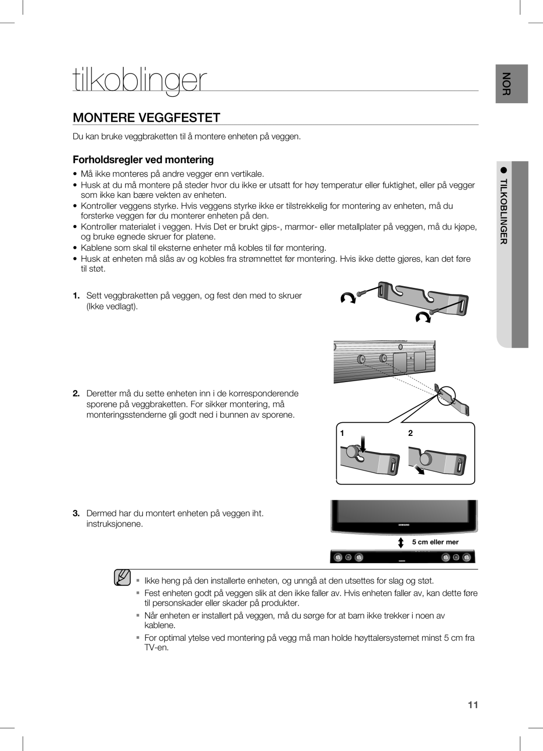 Samsung HW-C450/XEE manual Tilkoblinger, Montere Veggfestet 