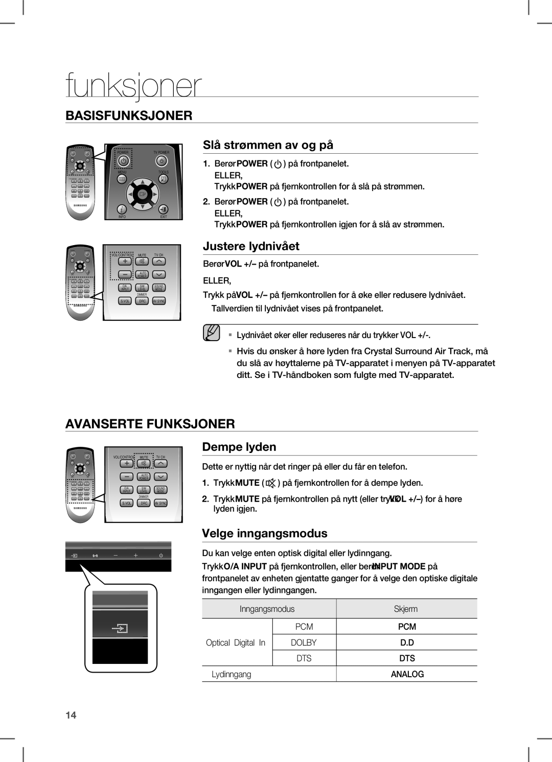 Samsung HW-C450/XEE manual Funksjoner, Slå strømmen av og på, Justere lydnivået, Dempe lyden, Velge inngangsmodus 