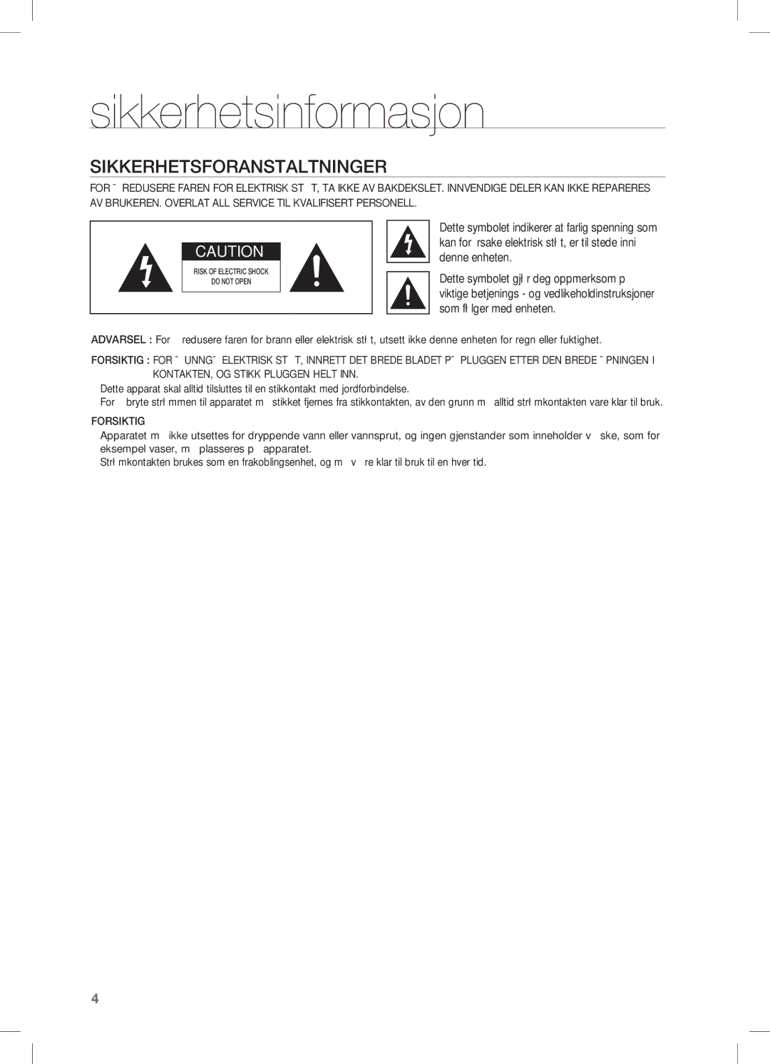 Samsung HW-C450/XEE manual Sikkerhetsinformasjon, Sikkerhetsforanstaltninger 