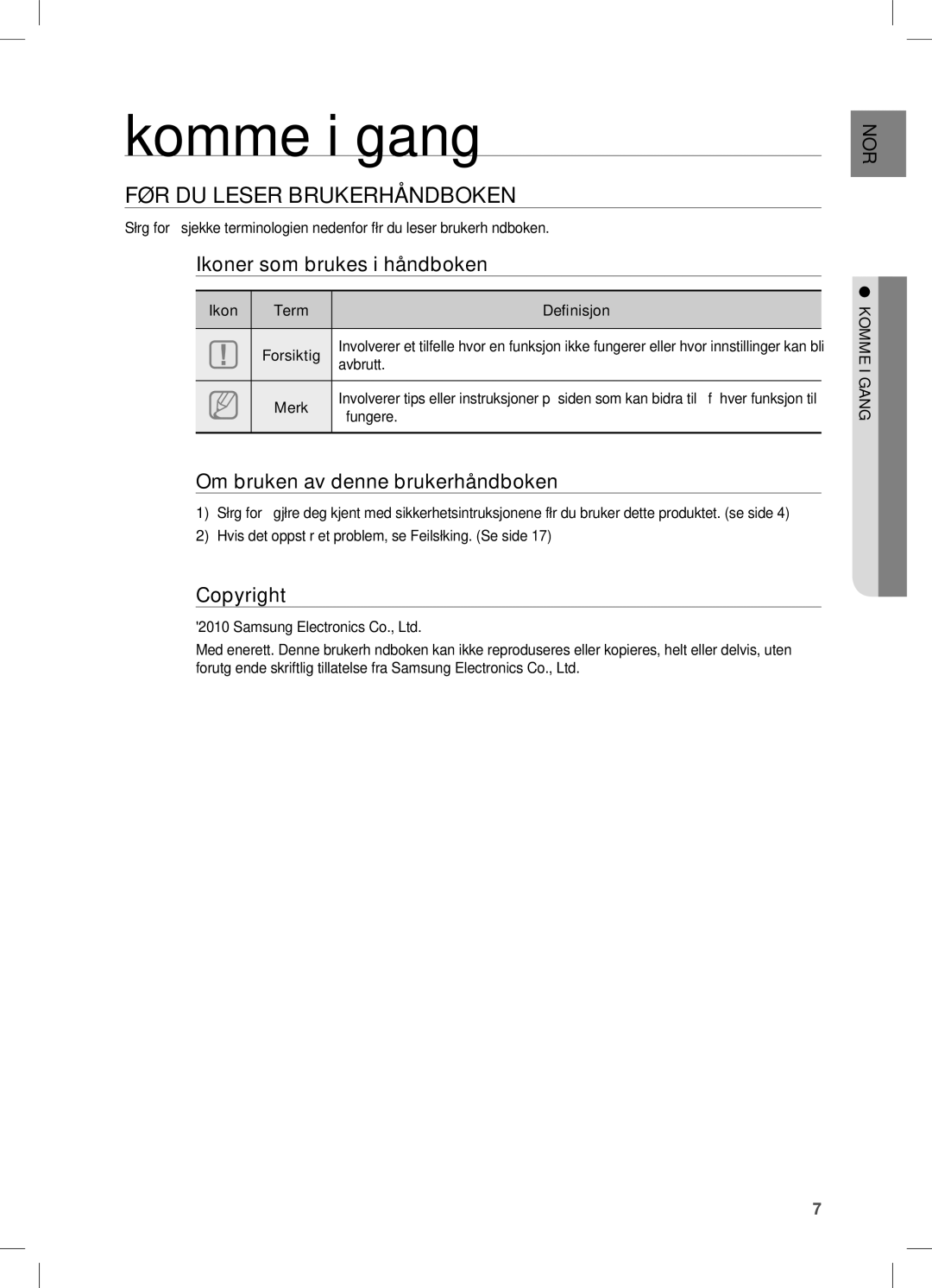 Samsung HW-C450/XEE manual Komme i gang, FØR DU Leser Brukerhåndboken 