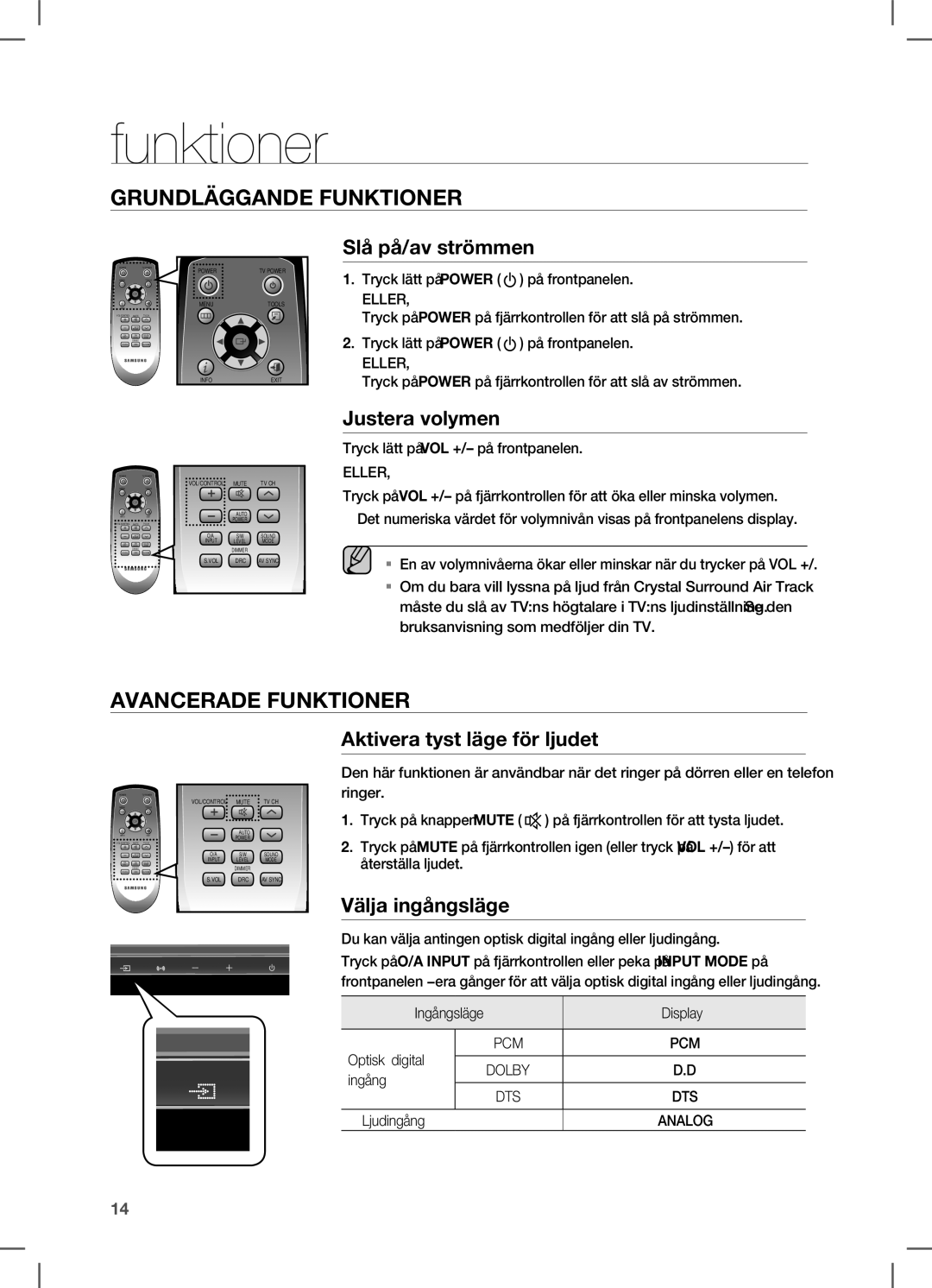 Samsung HW-C450/XEE Funktioner, Slå på/av strömmen, Justera volymen, Aktivera tyst läge för ljudet, Välja ingångsläge 