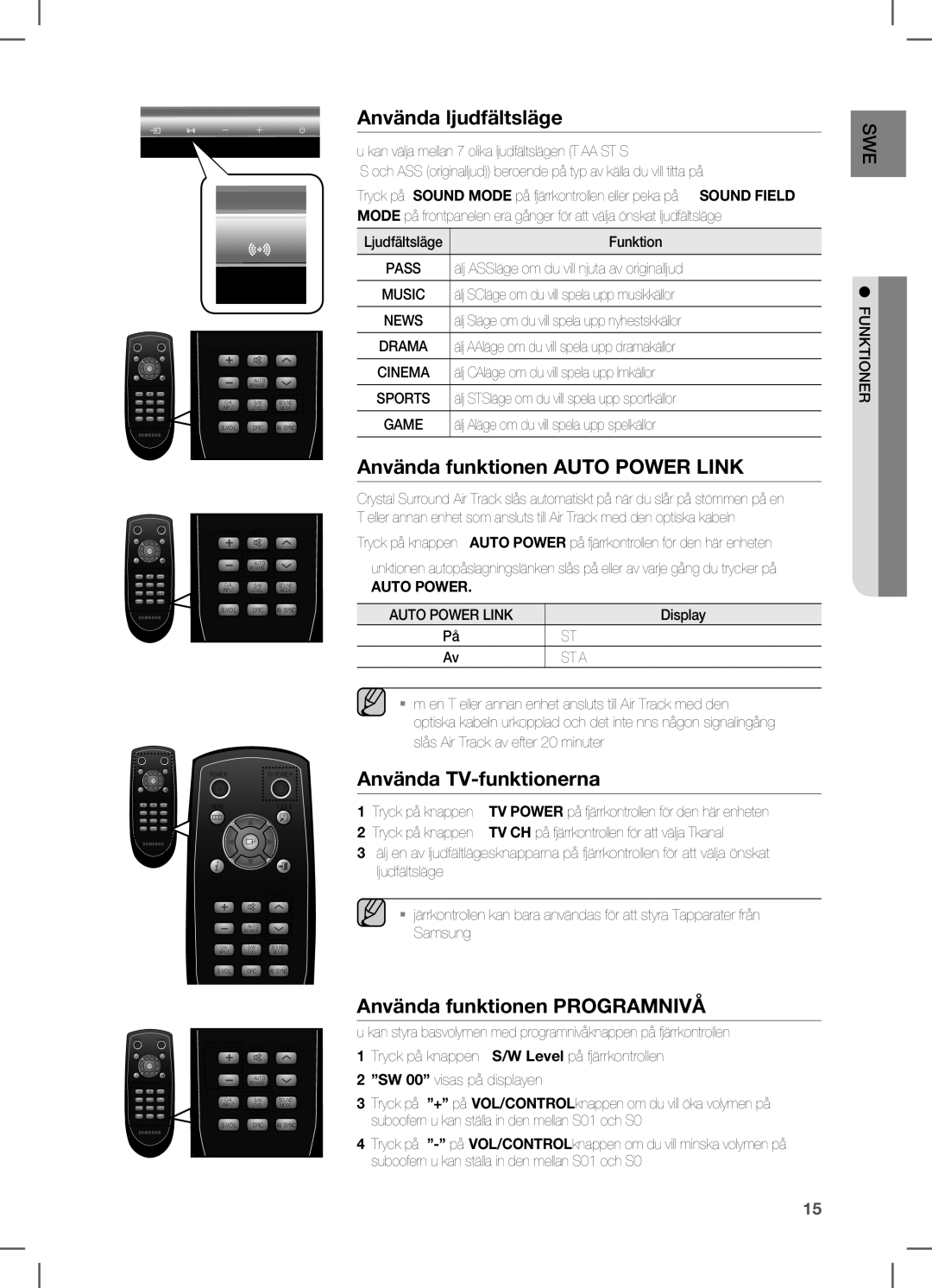 Samsung HW-C450/XEE manual Använda ljudfältsläge, Använda funktionen Auto Power Link, Använda TV-funktionerna 