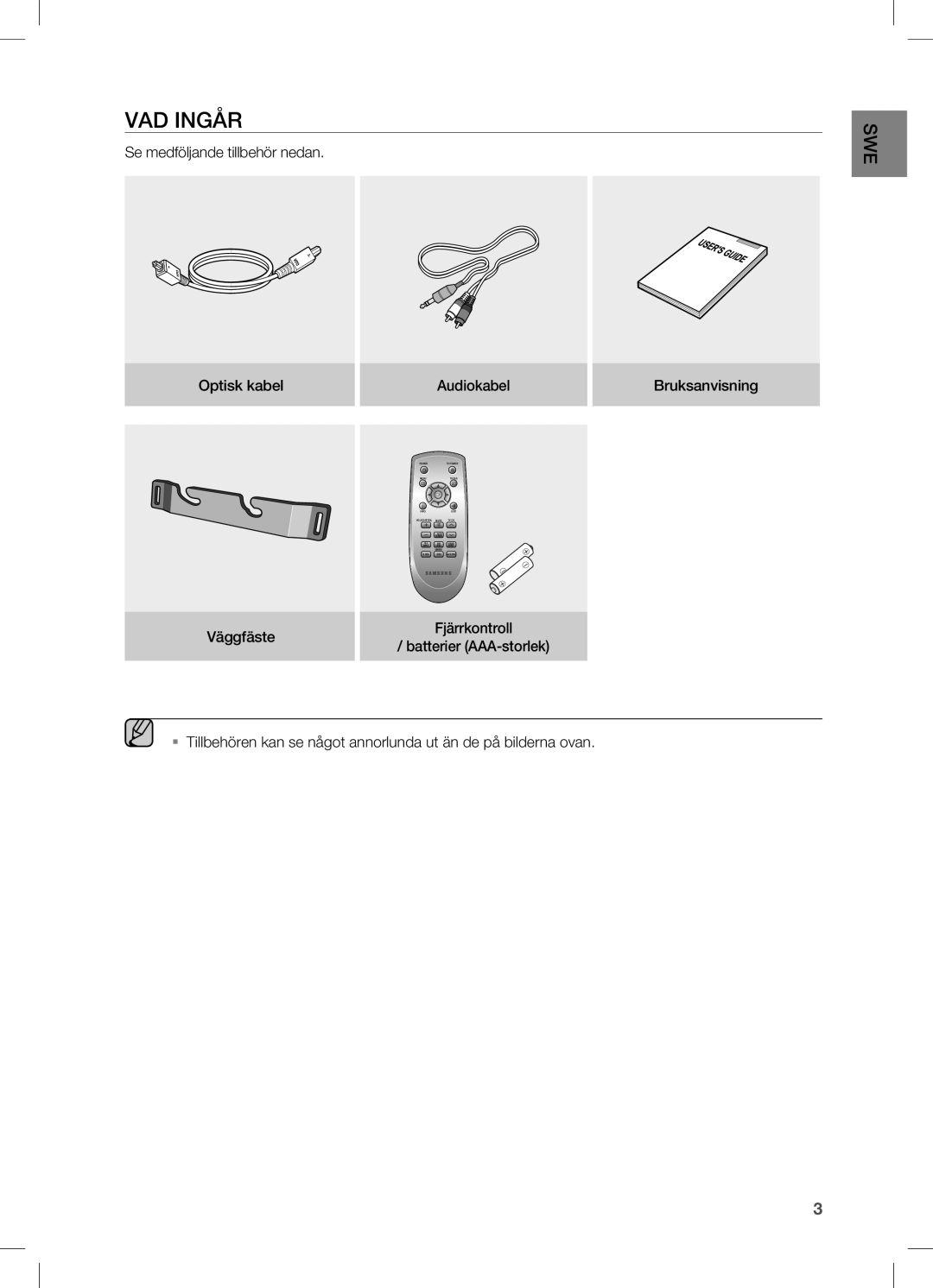 Samsung HW-C450/XEE manual VAD Ingår, Se medföljande tillbehör nedan Optisk kabel Audiokabel, Väggfäste 