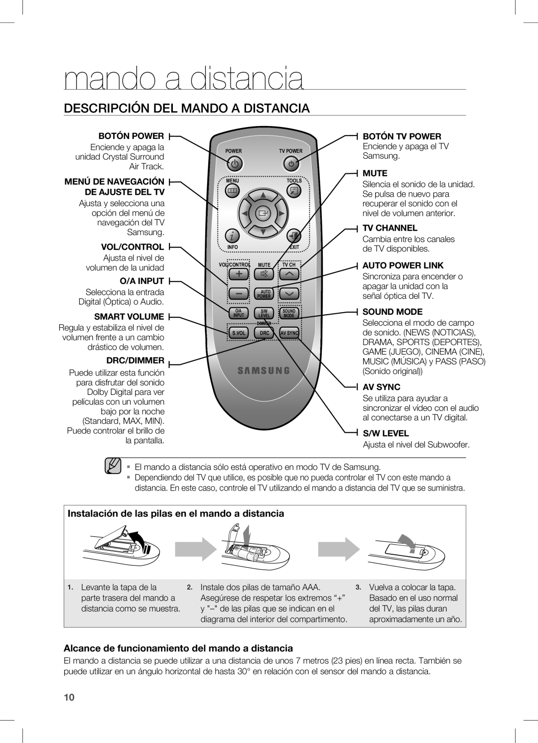 Samsung HW-C450/XEF, HW-C450/XAA manual Mando a distancia, Descripción DEL Mando a Distancia, Enciende y apaga el TV Samsung 