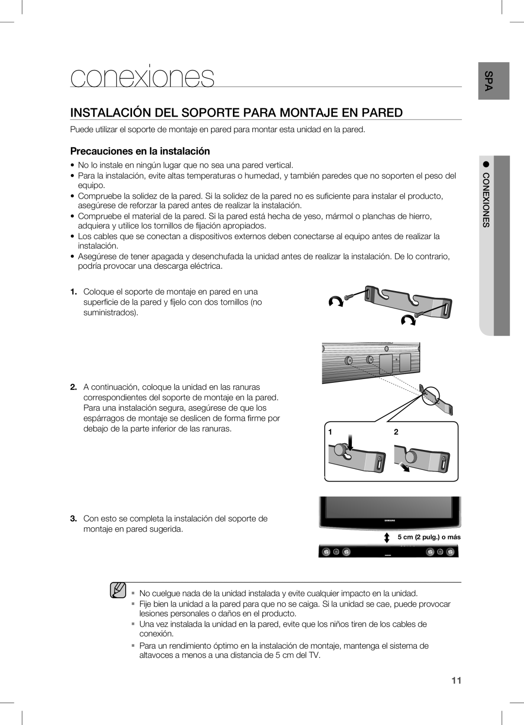 Samsung HW-C450/XAA, HW-C450/XEF manual Conexiones, Instalación DEL Soporte Para Montaje EN Pared 