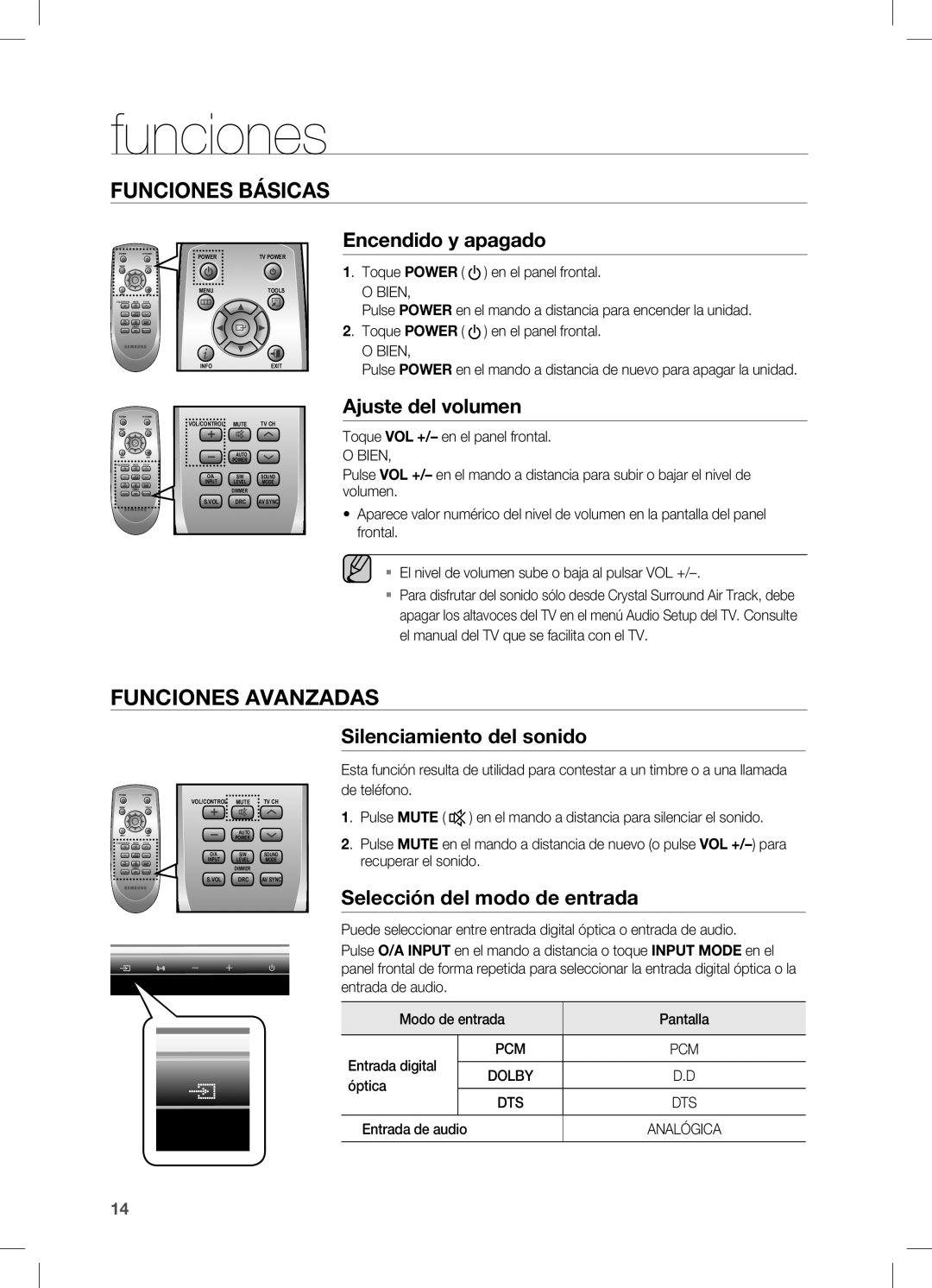 Samsung HW-C450/XEF, HW-C450/XAA manual Funciones, Encendido y apagado, Ajuste del volumen, Silenciamiento del sonido 