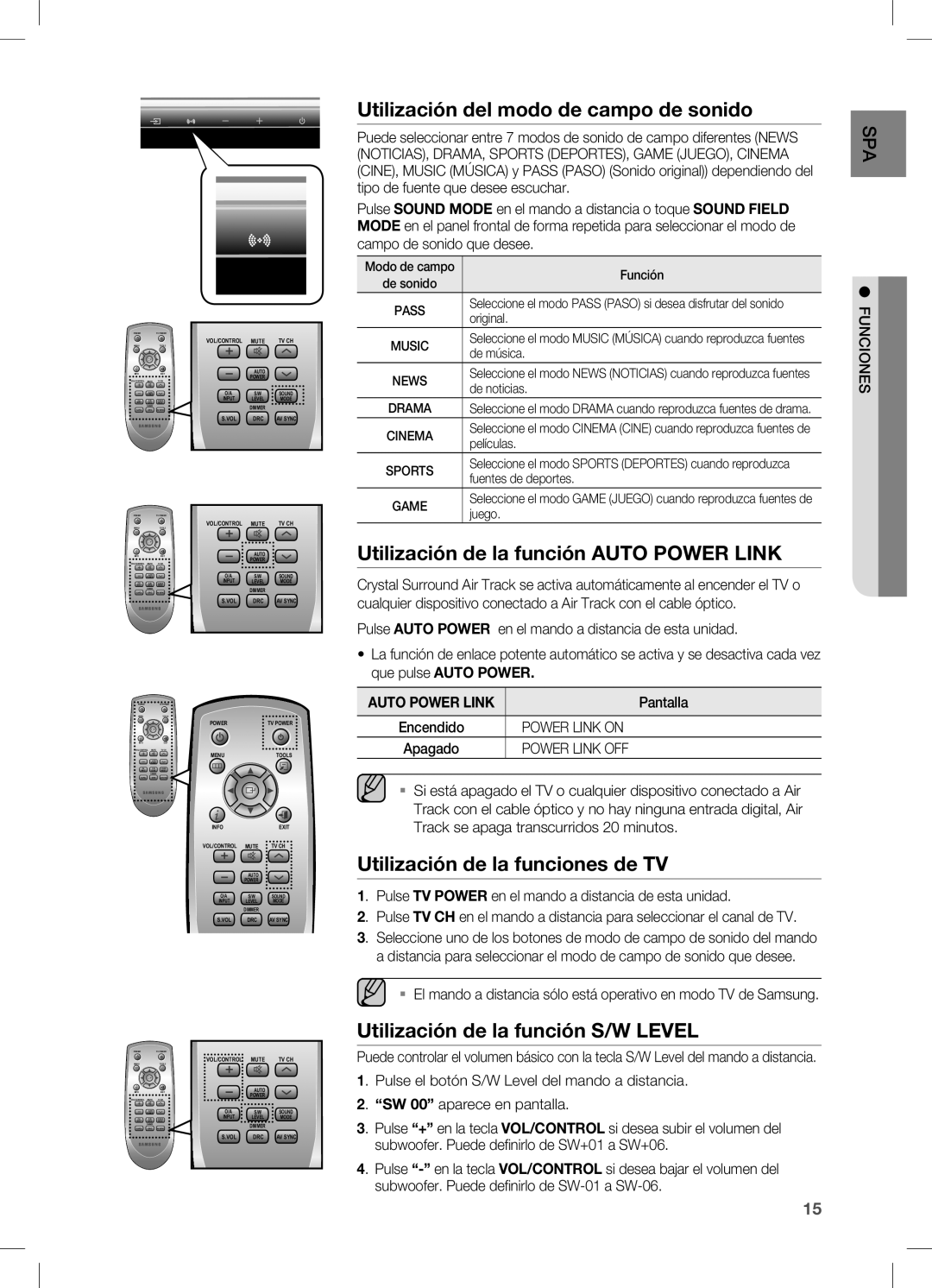 Samsung HW-C450/XAA, HW-C450/XEF manual Utilización del modo de campo de sonido, Utilización de la función Auto Power Link 