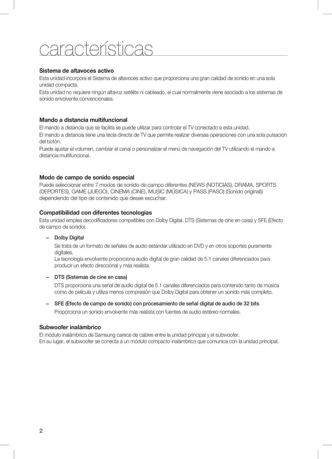 Samsung HW-C450/XEF, HW-C450/XAA manual Características, Sistema de altavoces activo 